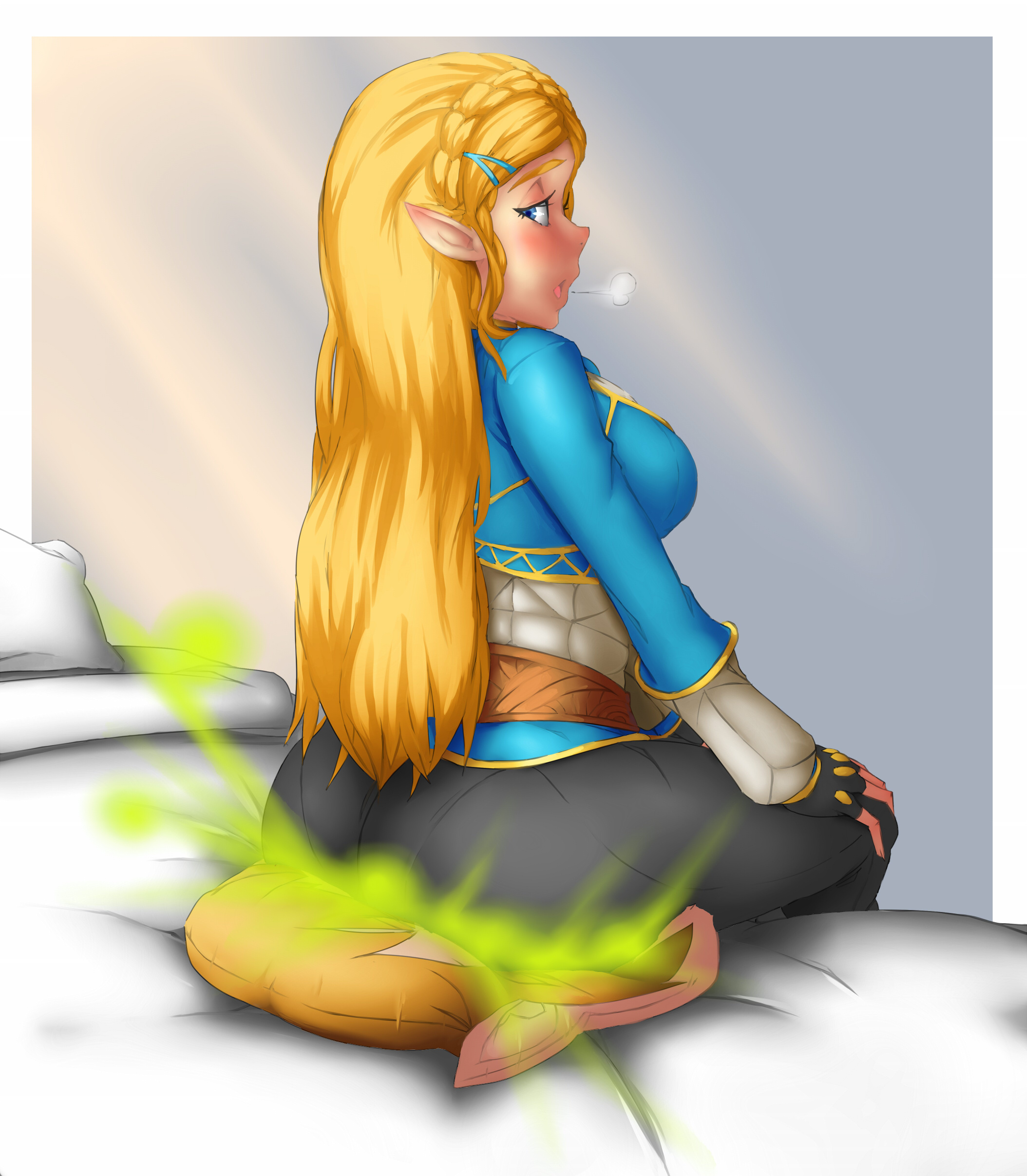 1girls, ass, big ass, big butt, blonde hair, blue eyes, breath of the wild, fart, fart cloud, fart fetish, farting, farting on object, farting on pillow, female, hairclip, lazei, light skin, light-skinned female, nintendo, pillow, pointy ears, princess zelda, rear view, sitting, sitting on pillow, solo female, the legend of zelda, viewed from behind, visible breath, zelda (breath of the wild)