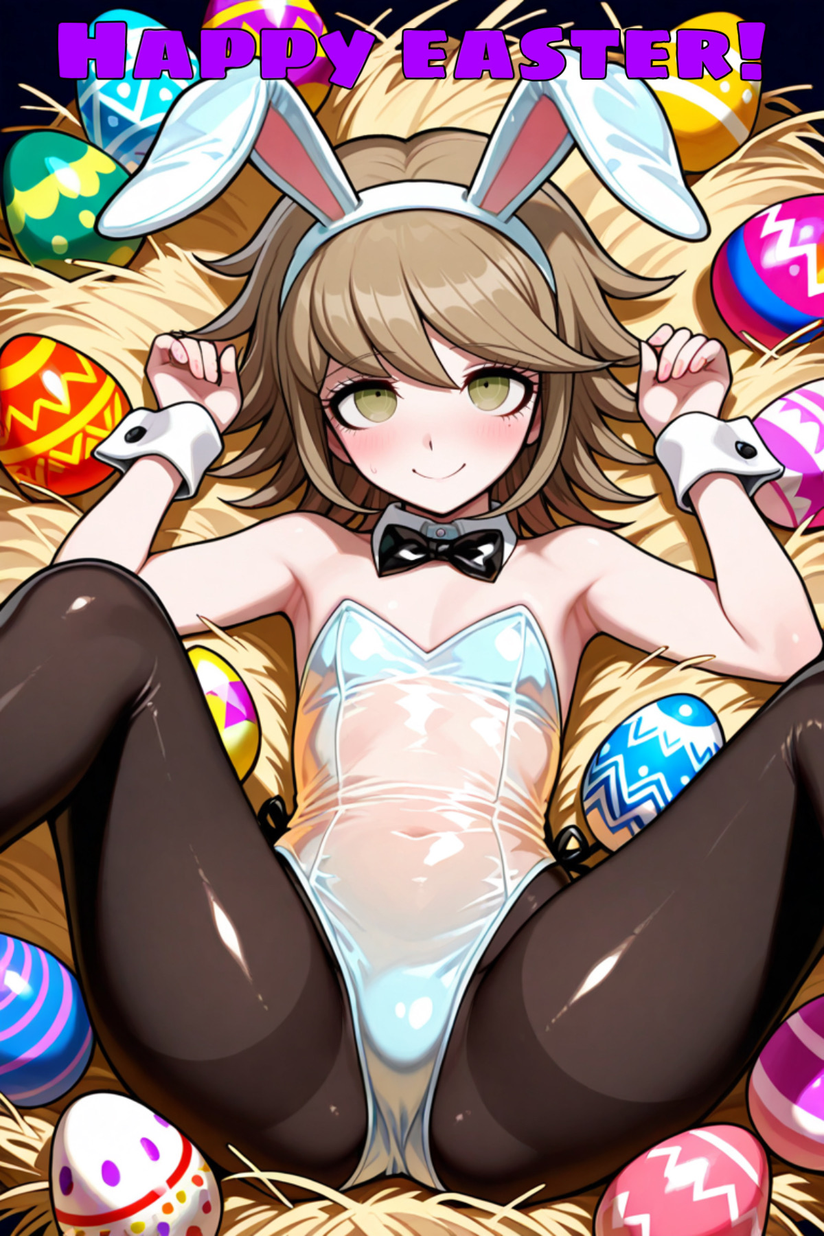 ai generated, blush, brown hair, bunny ears, bunnysuit, clothed, clothed male, cute, danganronpa, danganronpa: trigger happy havoc, easter, easter egg, embarrassed, femboy, fujisaki chihiro, latex, latex suit, male, sissy, solo, stable diffusion, stockings, trap
