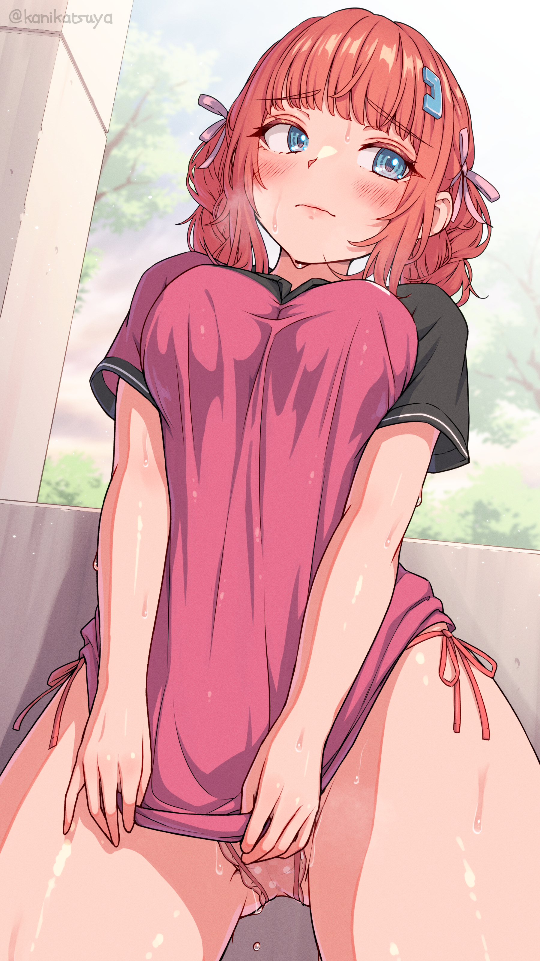 absurdres, blue eyes, blush, bottomless, breasts, clothes pull, collared shirt, day, embarrassed, female, hair ornament, hair ribbon, hair tie, highres, kanikatsuya, orange hair, original, panties, pink panties, pink shirt, polka dot panties, pulling own clothes, shy, solo, solo focus, sportswear, standing, string panties, sweat, thighs, two-tone shirt, underwear