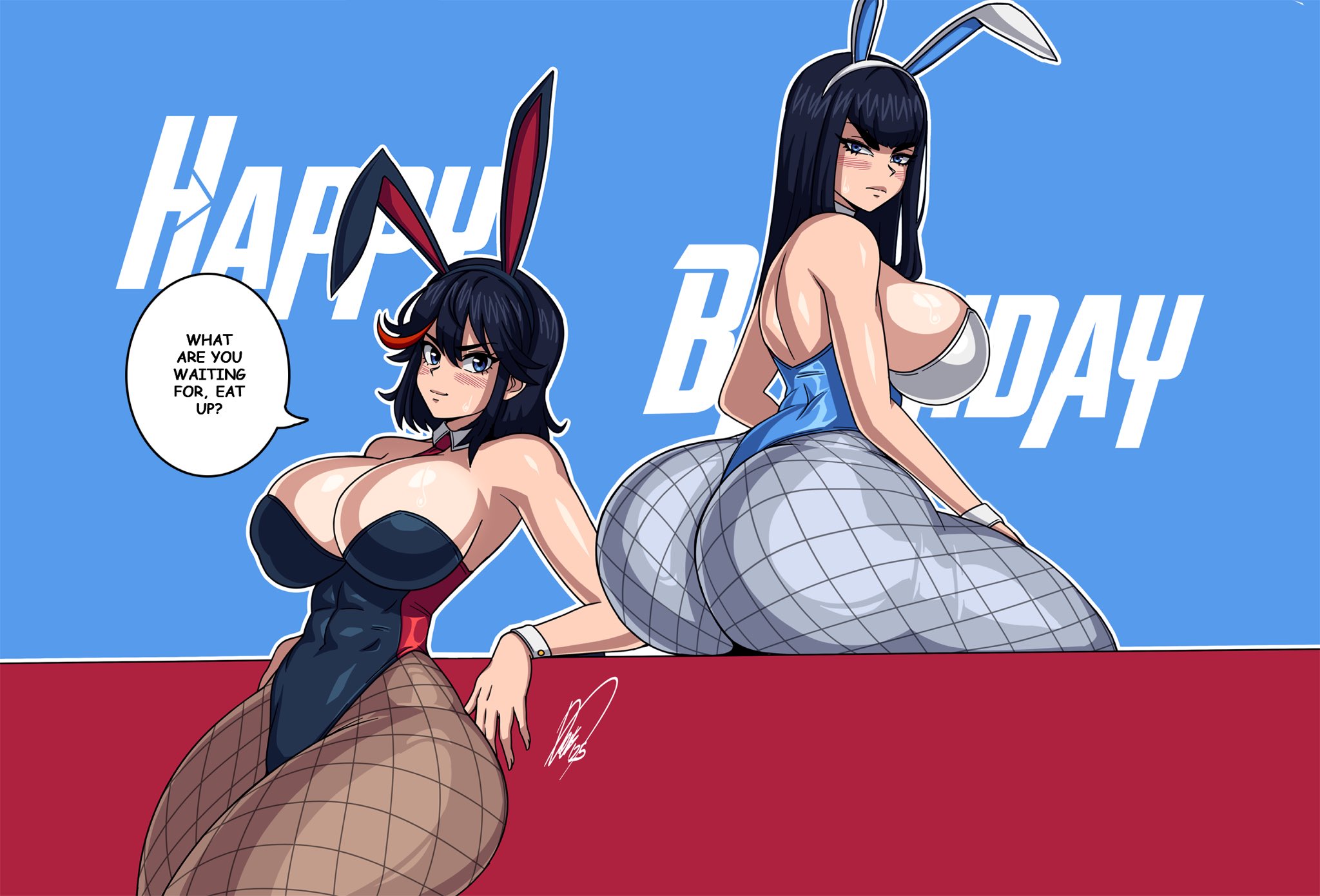 2025, 2girls, anime, ass, ass focus, backboob, beach, big ass, big butt, bikini, birthday, blue eyes, blue-eyed female, breasts, bunny, bunny ears, bunny girl, bunny suit, bunnysuit, female, female focus, female only, fishnet, fishnet legwear, fishnets, huge ass, huge breasts, kill la kill, kiryuuin satsuki, large ass, large breasts, large butt, light skin, light-skinned female, long hair, long-haired female, looking at viewer, looking back, manga, matoi ryuuko, outdoors, partially visible vulva, pussy, short hair, short-haired female, sisters, stretchnsin, thick thighs, tight clothing