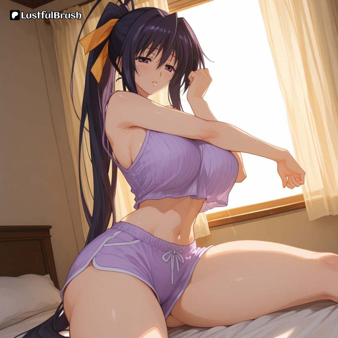 ai generated, akeno himejima, ass, bedroom, breasts, female, female only, high school dxd, hourglass figure, huge breasts, long hair, morning, perfect body, round ass, round breasts, shorts, thick thighs