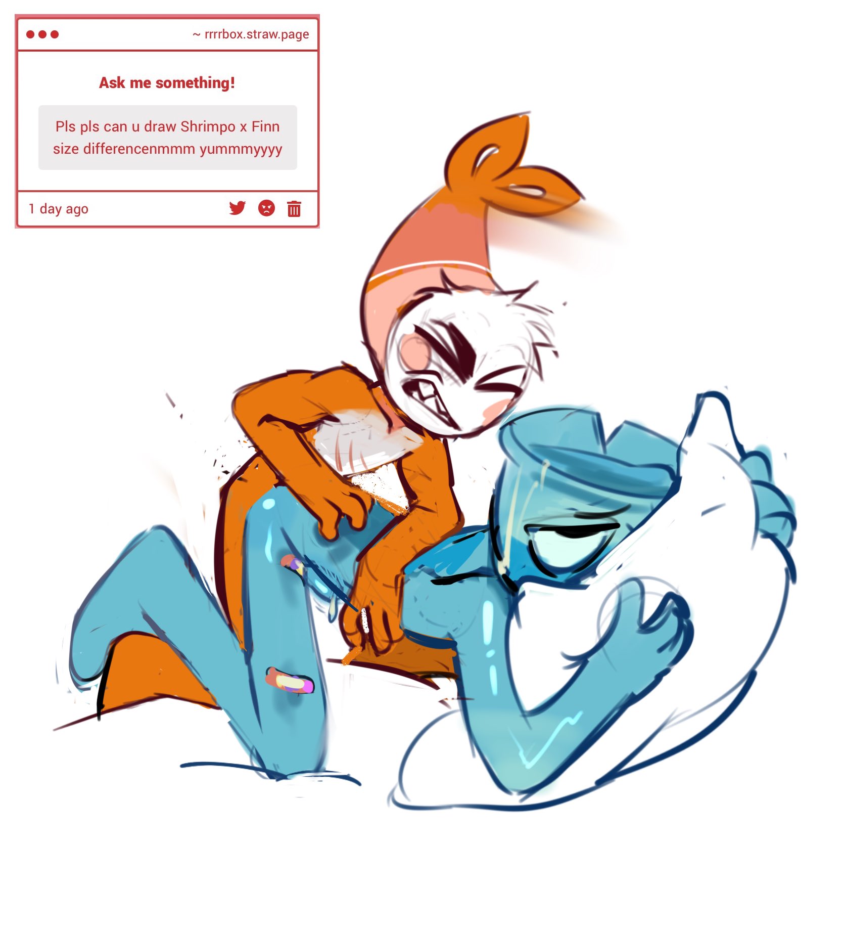 2boys, anal, anal sex, angry, angry expression, angry face, angryfish, anxious, artist request, bandage, bandaid on leg, bedroom eyes, blue body, blush, dandy's world, face in pillow, finn (dandy's world), fishbowl, gay, glass body, hate fuck, hate sex, male, orange body, pillow grab, r rbox, roblox, roblox game, see-through, ship, shrimp, shrimp tail, shrimpo (dandy's world), sweating, two tone body, white body, white fur