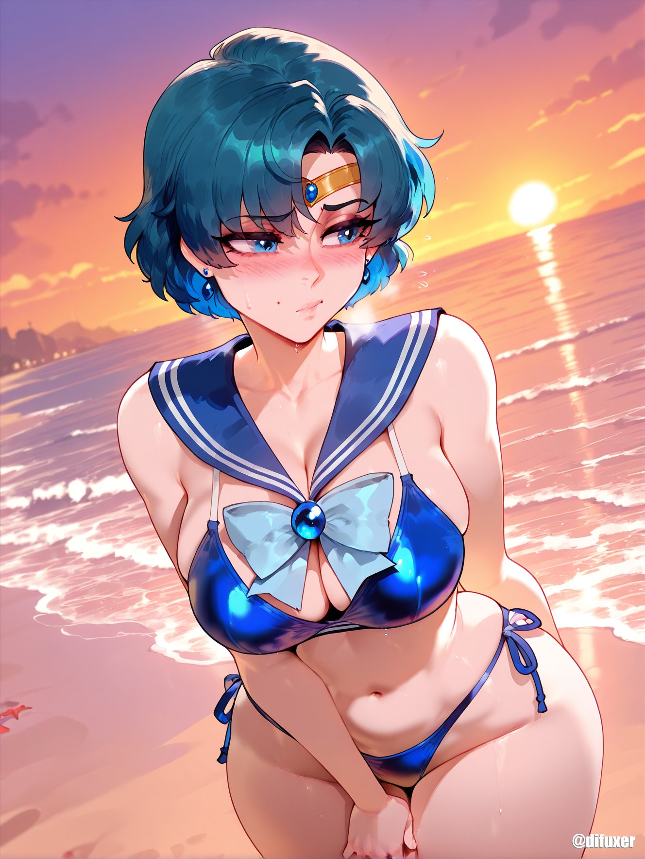 1girls, ai generated, ami mizuno, beach, bikini, bishoujo senshi sailor moon, blue eyes, blue hair, blush, breasts, difuxer, embarrassed, female, female focus, female only, hands behind back, huge breasts, large breasts, light skin, light-skinned female, looking away, navel, night, sailor collar, sailor mercury, sfw, side-tie bikini, solo, thick thighs, thighs, wide hips