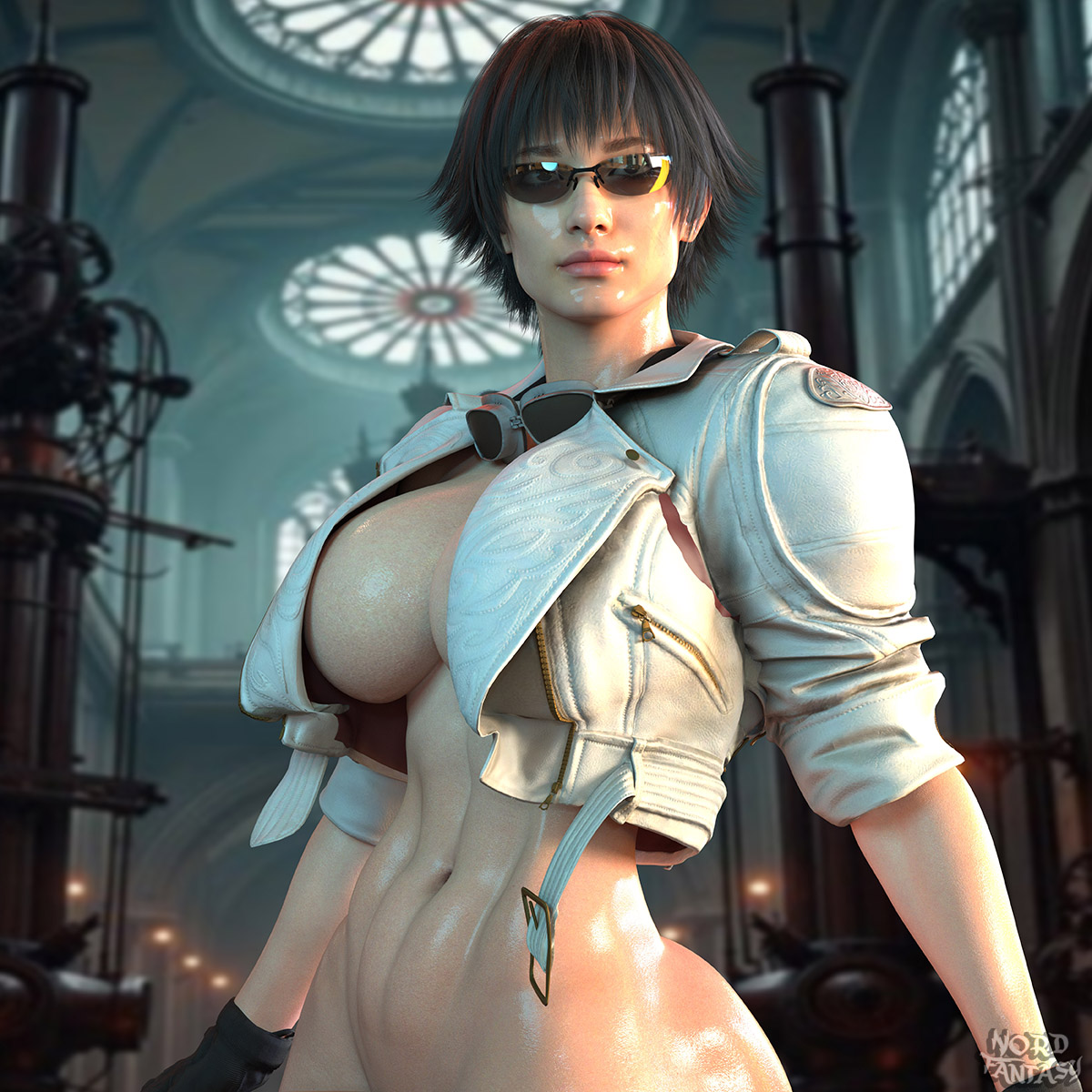 1girls, 3d, 3d (artwork), black hair, black-haired female, bottomless, bottomless female, devil may cry, devil may cry (series), devil may cry 4, female, female only, hairless pussy, lady (devil may cry), light skin, light-skinned female, nordfantasy, shaved pussy, short hair, short-haired female, sunglasses, tinted eyewear