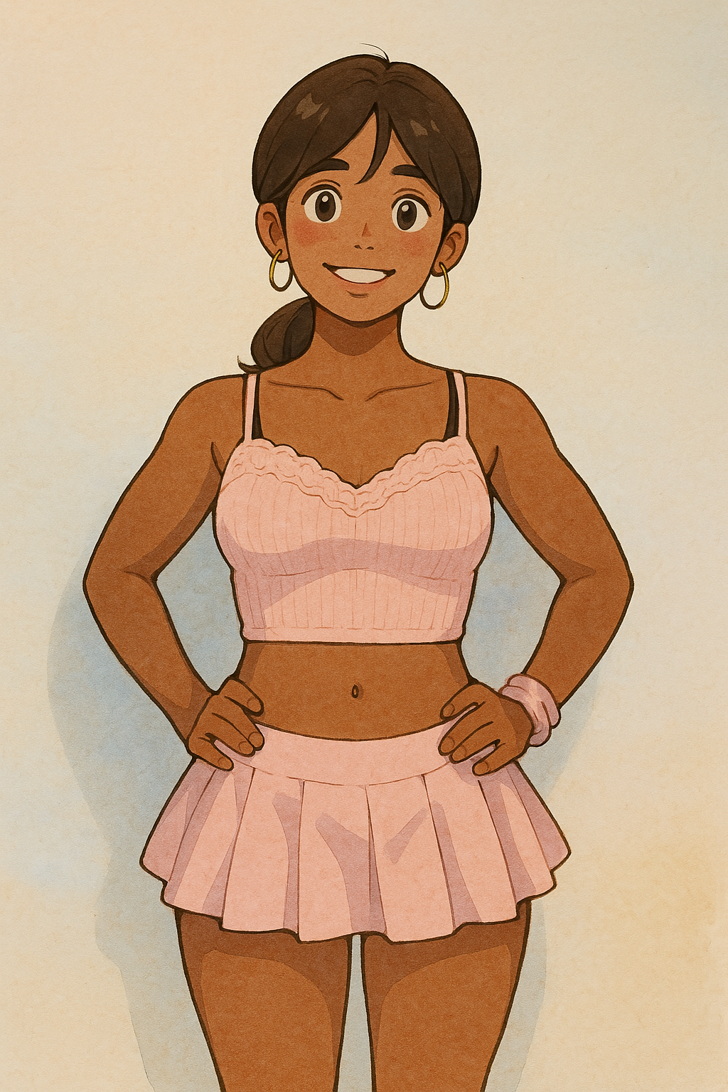 1boy ai_generated brown_hair crop_top crossdressing dark-skinned_male dark_skin femboy fully_clothed hooped_earrings looking_at_viewer male pink_skirt sfw short_skirt sissy smiling
