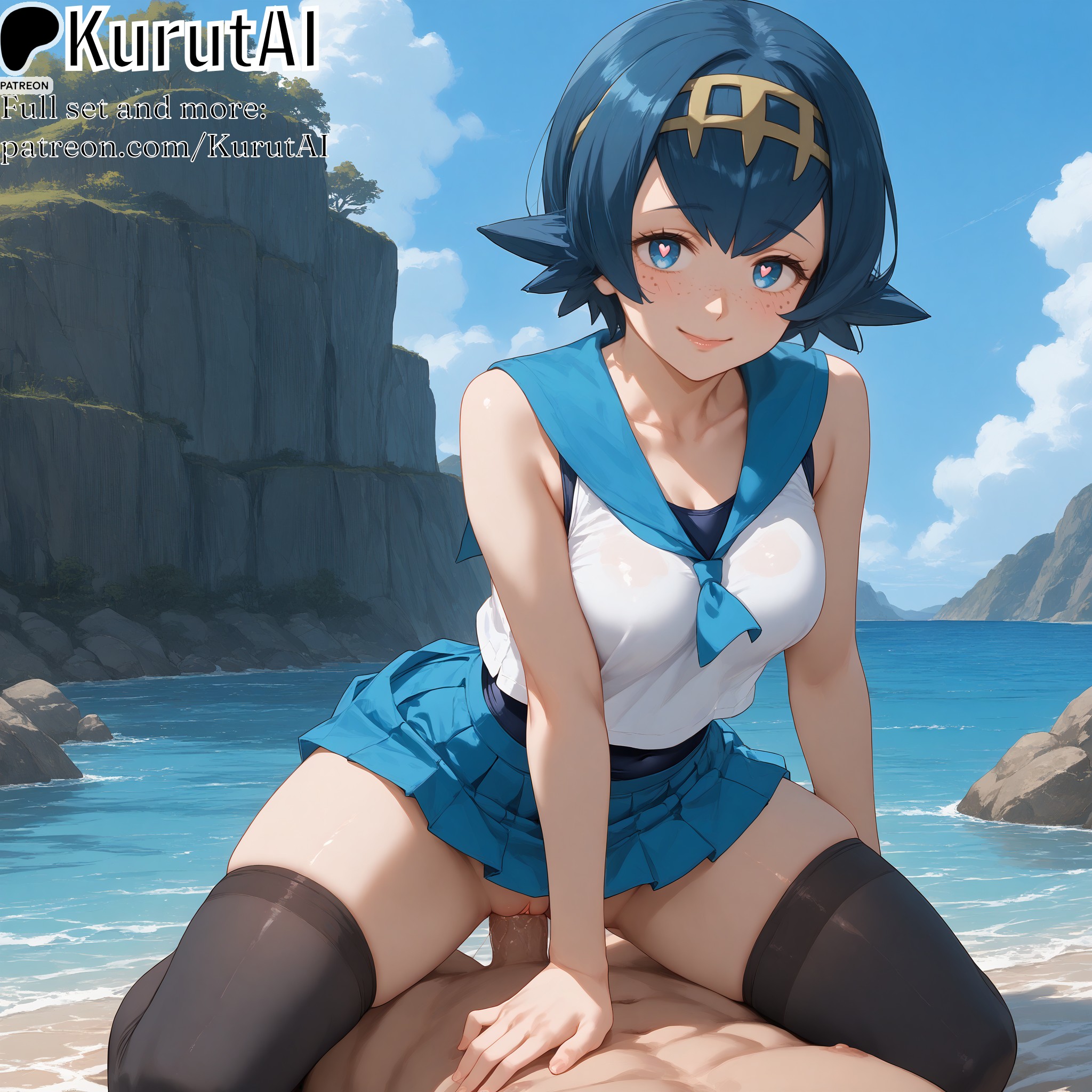 1boy, 1girls, ai generated, artist name, artist signature, black thighhighs, blue eyes, blue hair, breasts, clothed female nude male, clothed sex, cowgirl position, female, freckles, heart, heart-shaped pupils, hi res, high resolution, highres, kurutai, lana (pokemon), looking at viewer, male, nude, one-piece swimsuit, outdoors, patreon, penis, pokemon, pussy, sex, shirt, short hair, skirt, smile, solo focus, straddling, straight, swimsuit, swimsuit under clothes, symbol-shaped pupils, thighhighs, thighs, uncensored, vaginal penetration