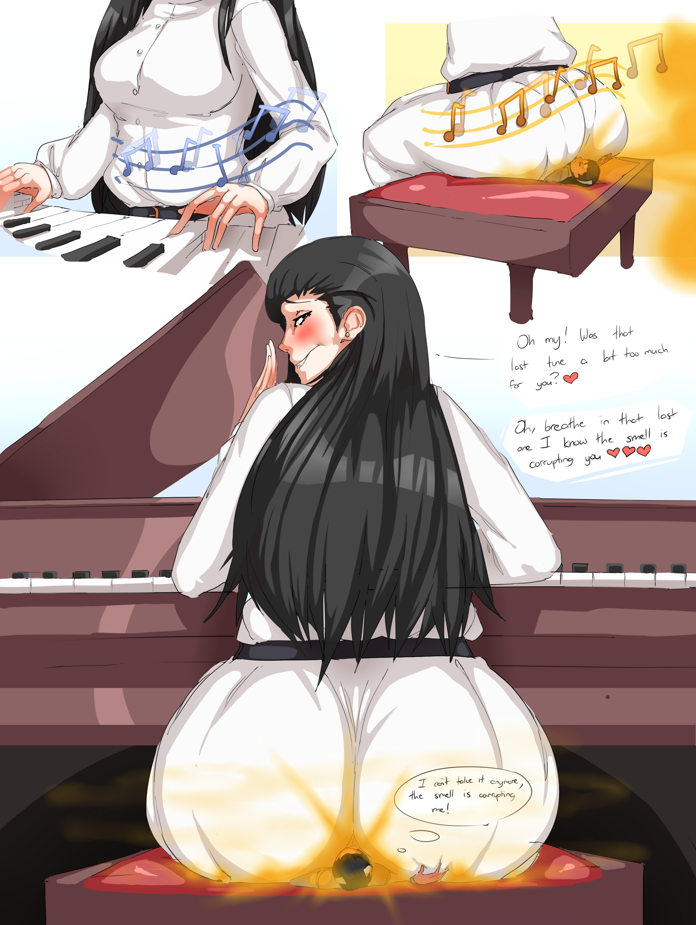 1boy, 1girls, ashita no joe, ass, ass grab, big ass, big butt, black eyes, black hair, blush, butt crush, english text, fart, fart cloud, fart fetish, farting, farting in face, female, giantess, heart, lazei, looking back, male, musical instrument, musical note, piano, piano keys, playing instrument, playing piano, rear view, sitting, sitting on person, smile, text, text bubble, thought bubble, viewed from behind, yoko shiraki
