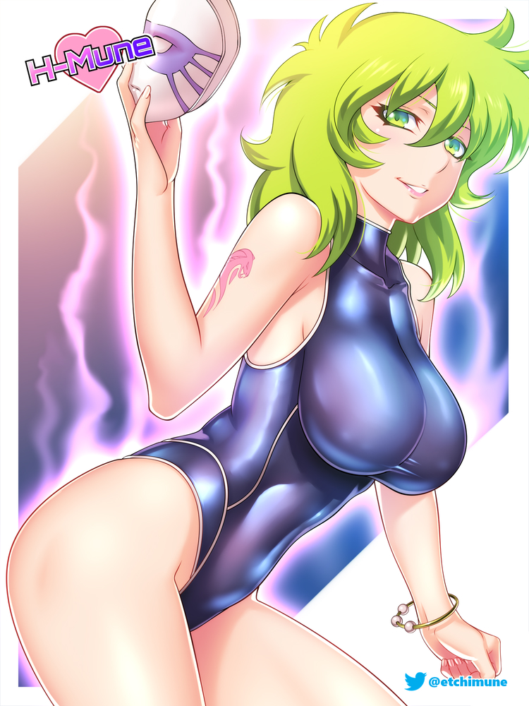 1girls ass big_breasts bracelet etchimune female green_eyes green_hair light_skin looking_at_viewer mask ophiuchus_shaina parted_lips saint_seiya side_view silver_saints smile solo swimsuit swimwear tattoo