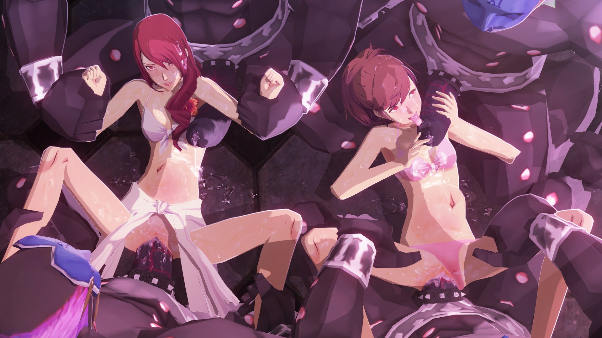 2girls, 3d, 3d (artwork), arm grab, atlus, big penis, bikini, bikini bottom, bikini top, bondage, brown hair, cum, cum in pussy, cum inside, cum on body, cum on face, enjoying rape, female, floor sex, group, group rape, group sex, held down, huge cock, kotone shiomi, leg grab, legs, legs apart, licking, licking cum, licking penis, male, mascara, mascara tears, mitsuru kirijo, monster, monster cock, navel, on back, parallel sex, penis, persona, persona 3, persona 3 portable, pussy, rape, raped, raped by enemy, raped by monster, raped female, red eyes, red hair, source filmmaker, source filmmaker (artwork), stomach bulge, swimsuit, uriziel38, vaginal penetration, vaginal sex, video game character, video game franchise, video games