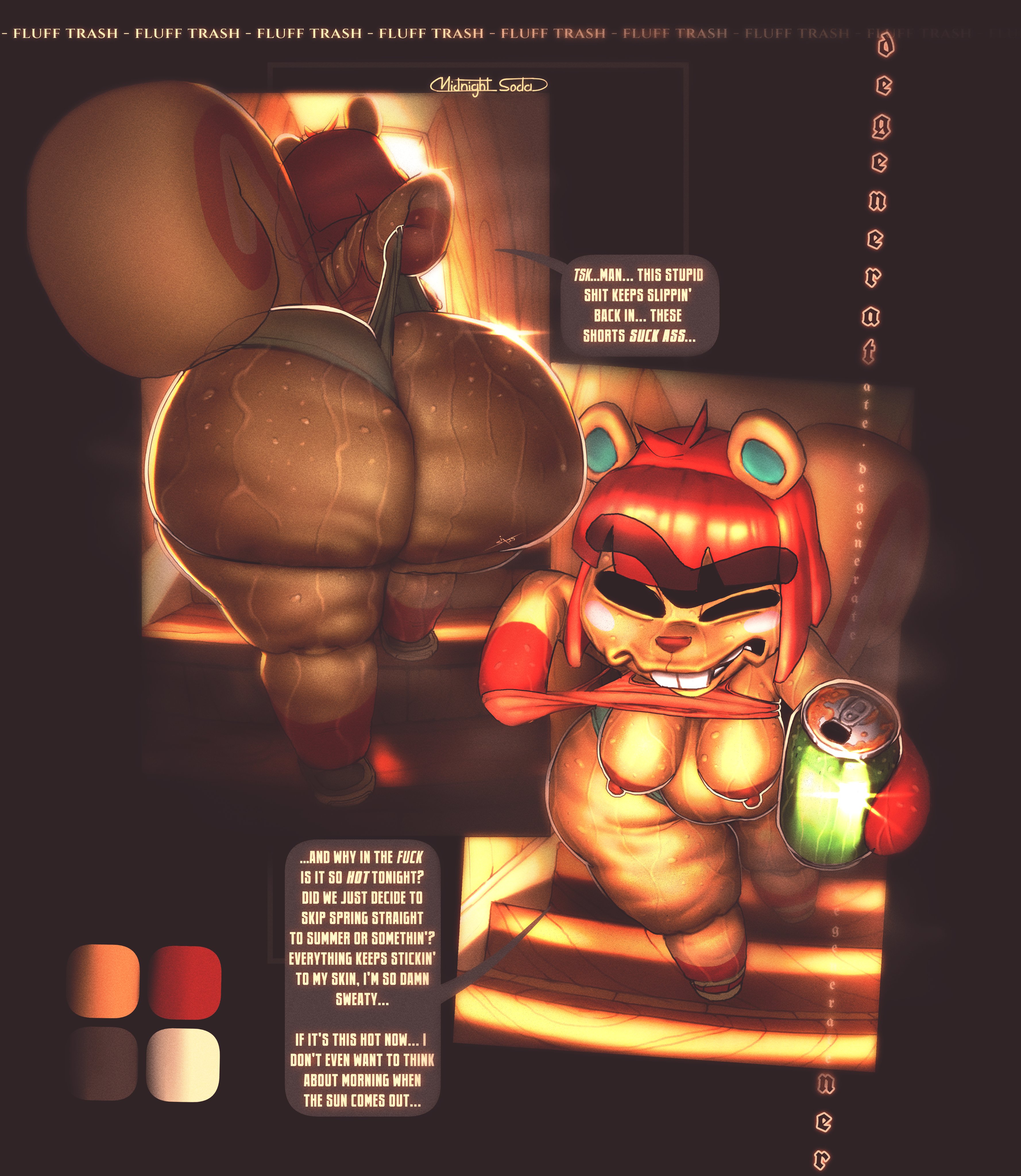 1girls, animal crossing, anthro, anthro only, ass, boobs, booty shorts, bottom heavy, breasts, breasts out, color, colored, dialogue, english text, fat ass, fat thighs, female, female only, furry, furry only, hazel (animal crossing), huge ass, huge thighs, large ass, large thighs, nipples, panels, plump ass, plump thighs, shaded, shirt lift, shortstack, sixsidesofmyhead, slightly chubby, slightly chubby female, solo, solo female, squirrel, squirrel tail, sweat, sweaty, sweaty body, tagme, tits, undressing, wide hips
