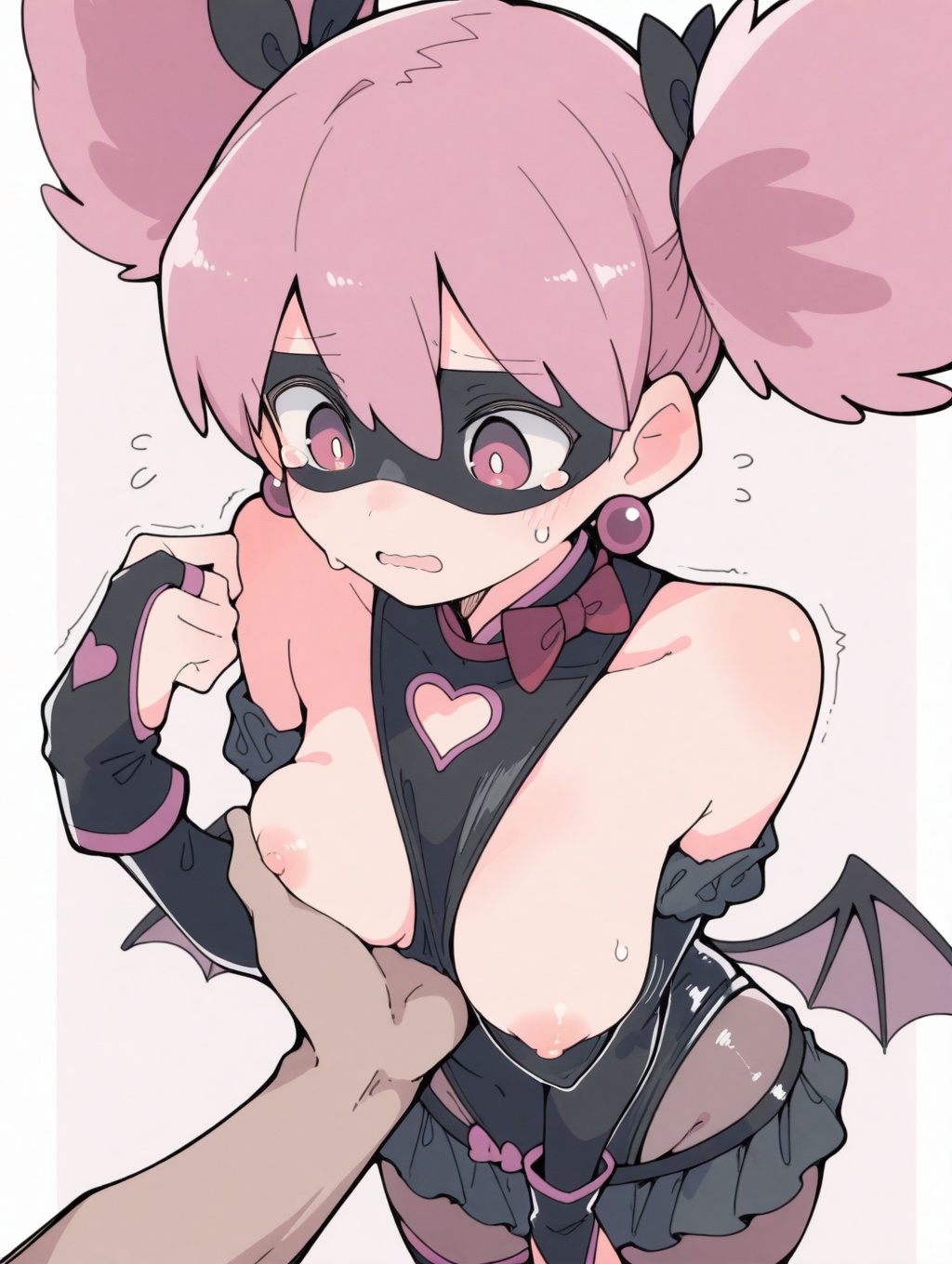 1boy, 1girls, ai generated, boku no hero academia, breast grab, breasts, breasts out, dark skin, dark-skinned male, demon, female, female focus, grabbing another's breast, haneyama kazuho, interracial, leotard, light skin, light-skinned female, looking at viewer, male, my hero academia, pale skin, pale-skinned female, pink hair, pop step, red eyes, small breasts, succubus, vigilante: my hero academia illegals, wide hips