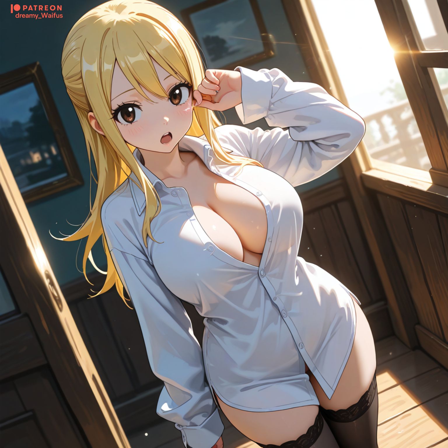 1girls, ai generated, black thighhighs, blonde hair, blonde-haired female, blush, breasts, brown eyes, cleavage, collarbone, collared shirt, dreamy waifus, dress shirt, dutch angle, fairy tail, female, hand up, indoors, large breasts, long hair, long sleeves, looking at viewer, lucy heartfilia, naked shirt, no bra, no pants, open mouth, partially unbuttoned, shirt, sidelocks, solo, standing, teeth, thighhighs, thighs, upper teeth only, white shirt, wooden floor
