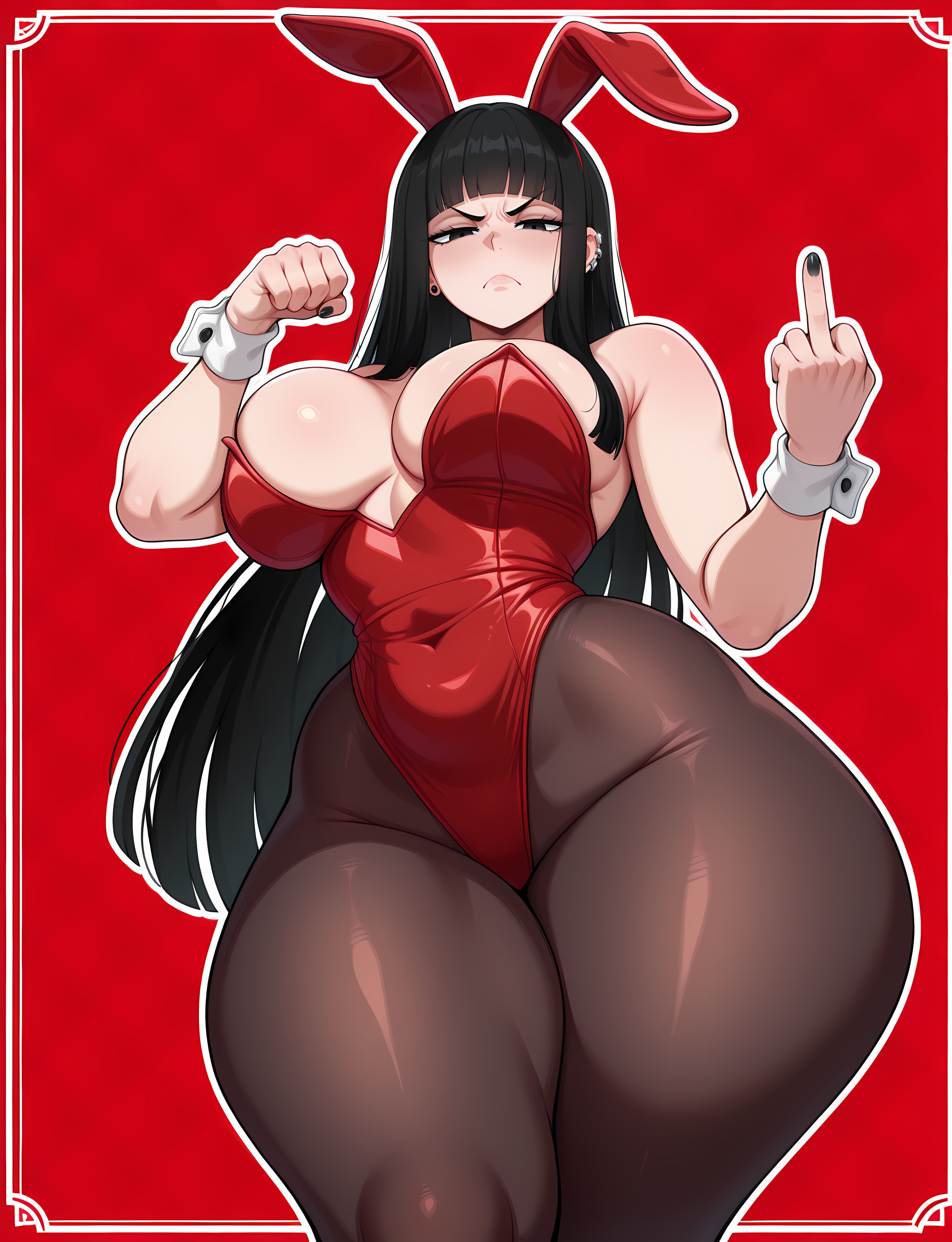 1girls, absurd res, absurd resolution, absurdres, ai generated, angry, angry face, big breasts, black eyes, black hair, breasts, bunny ears, bunny girl, bunnysuit, el memc, female, female focus, female only, huge breasts, large breasts, light skin, light-skinned female, long hair, looking at viewer, melina (memch0), memch0, middle finger, only female, original, pantyhose, red background