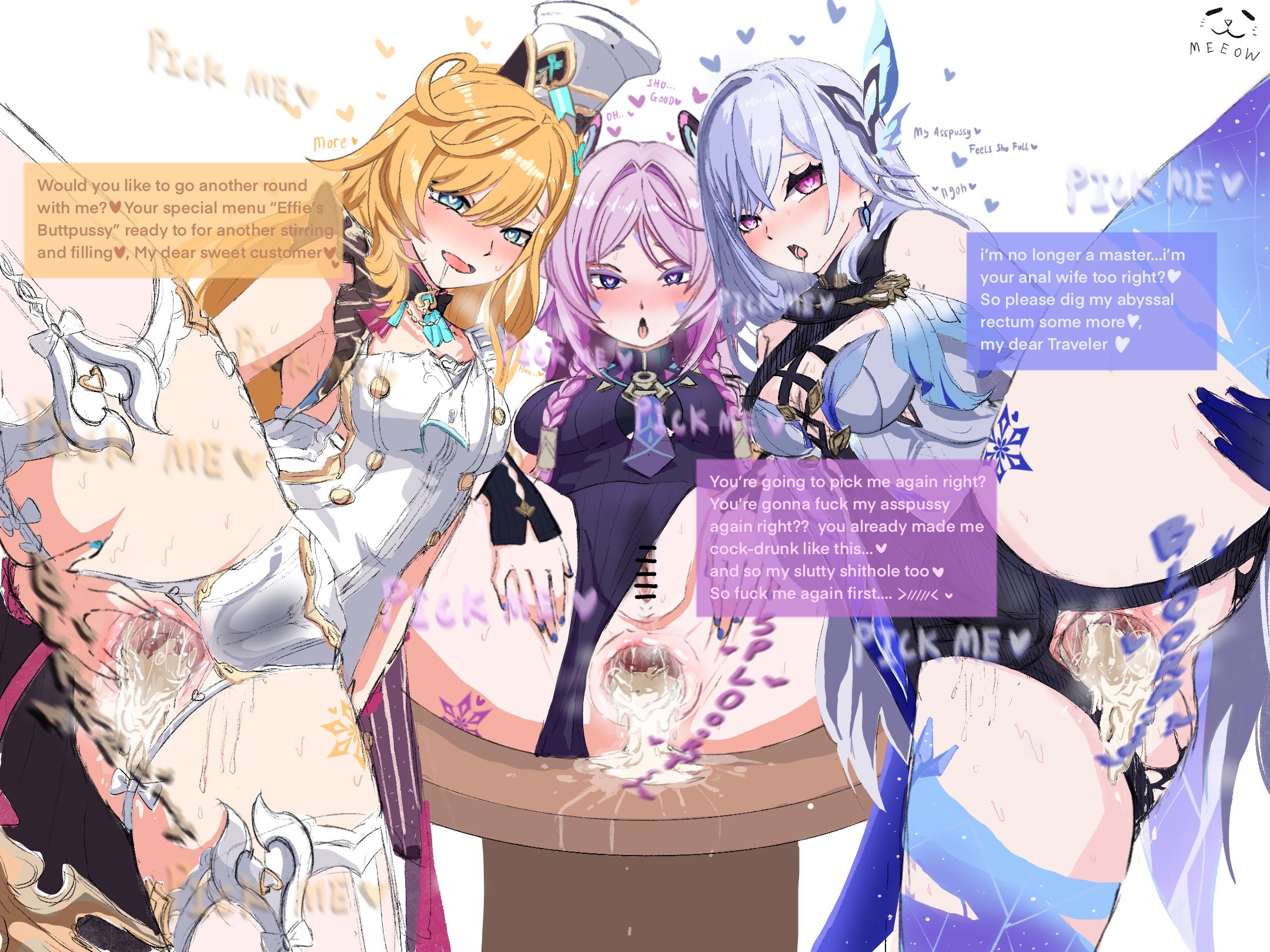 3girls, aether (genshin impact), after anal, ahe gao, anal, anal only, ass, blonde hair, blue eyes, blush, breasts, censor bar, censored, citlali (genshin impact), cum, cum in ass, dark blue eyes, escoffier (genshin impact), female, female only, genshin impact, heart-shaped pupils, meeow68, pink hair, purple eyes, pussy, skirk (genshin impact), tagme, tits, vagina, white hair