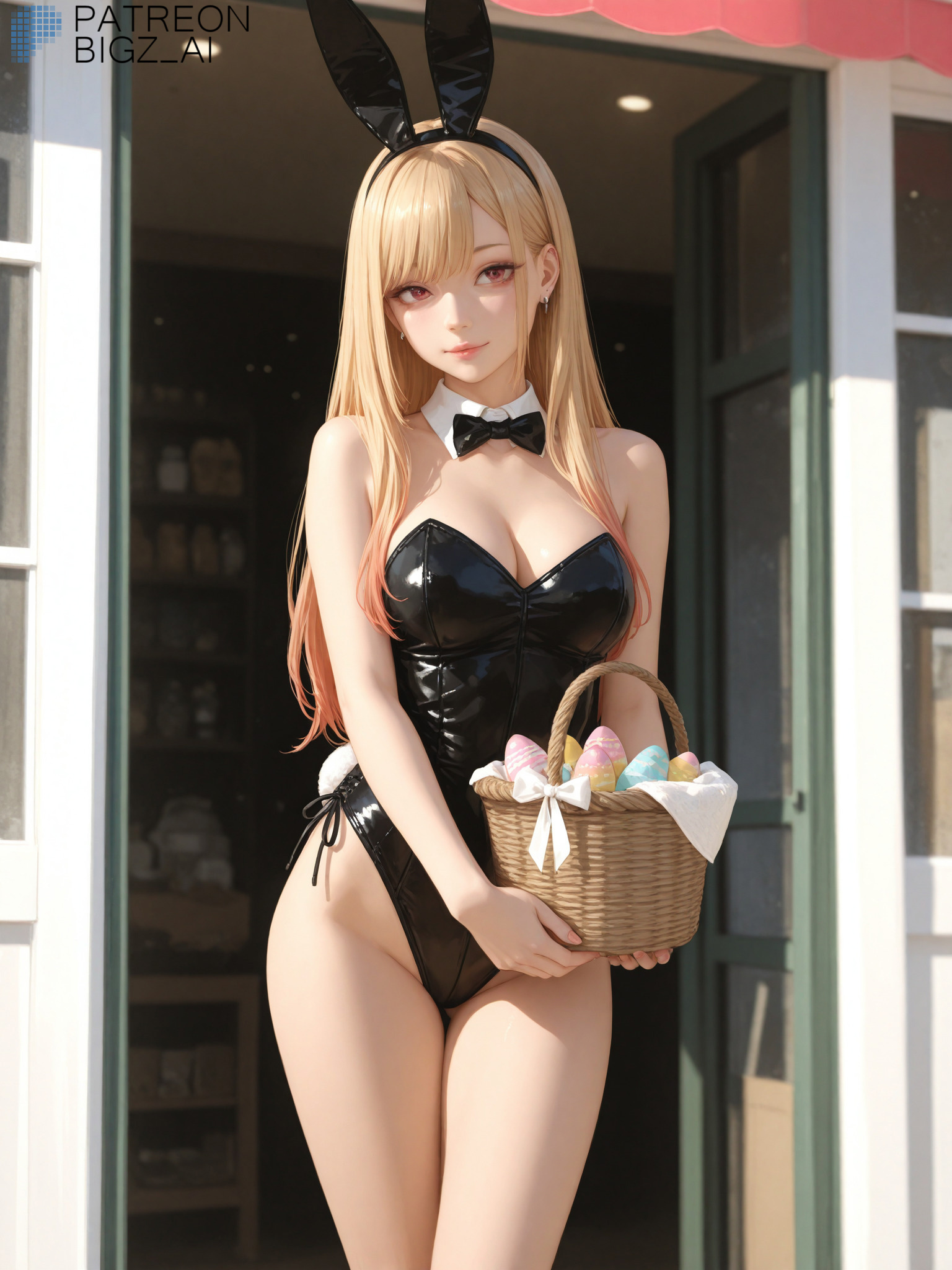 1girls, ai generated, artist name, big breasts, bigz ai, blonde hair, bodysuit, breasts, bunny ears, bunny girl, bunny tail, bunnysuit, clothed, easter, female, female only, kitagawa marin, latex, light skin, light-skinned female, outdoors, outside, patreon username, pink eyes, purple eyes, smile, solo, solo female, sono bisque doll wa koi wo suru