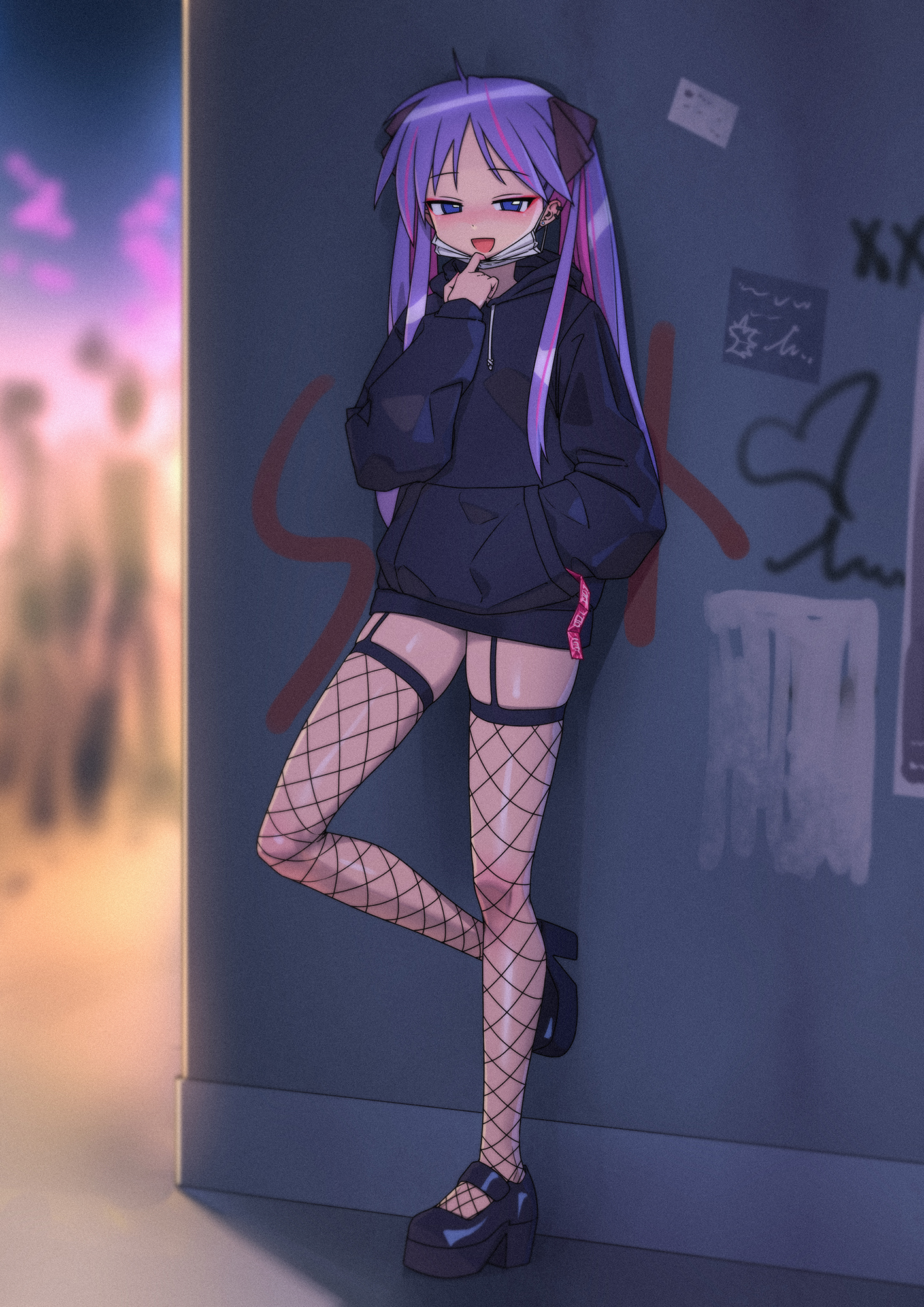 1girls, alley, artist request, condom, female, fishnet stockings, kagami hiiragi, lucky star, platform heels, smiling at viewer, tagme, zettai ryouiki