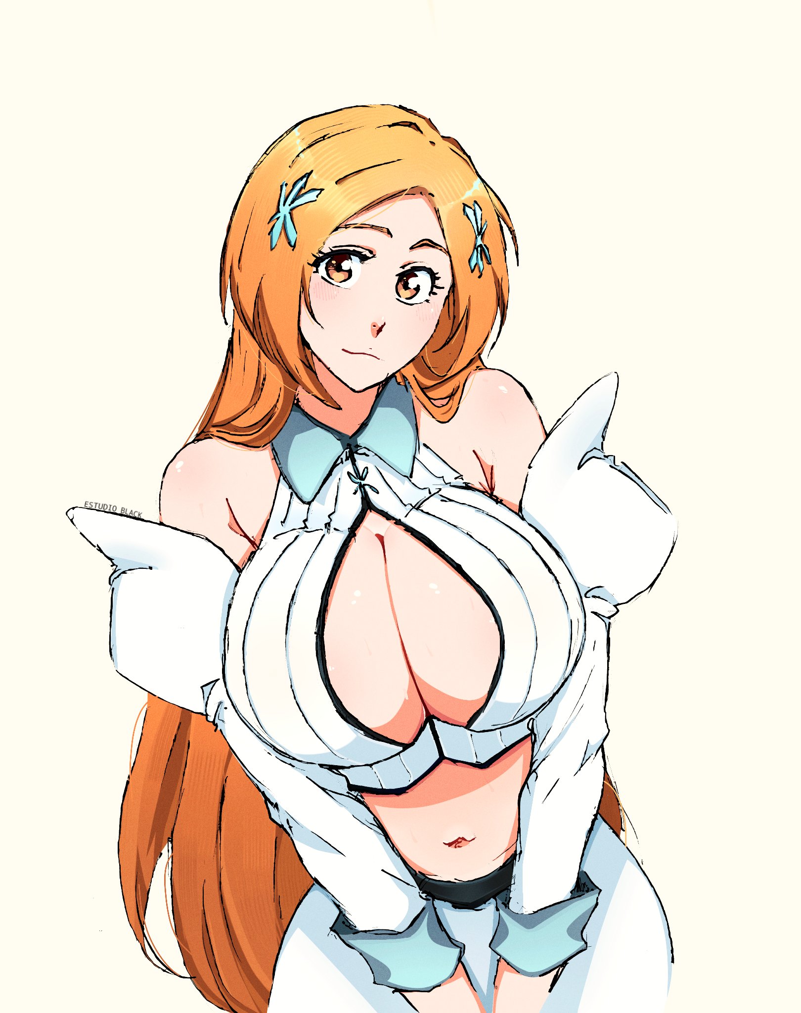 1girls, 2d, 2d (artwork), about to burst, barely contained, barely contained breasts, barely fits, big breasts, bleach, bleach: sennen kessen-hen, breasts, breasts too big, brown eyes, bursting breasts, cleavage, cleavage cutout, clothing cutout, colorized, detached sleeves, female, female focus, female only, hair ornament, hi res, imminent wardrobe malfunction, inoue orihime, large breasts, long hair, looking at viewer, midriff, navel, orange hair, rakusakugk, simple background, solo, standing, straining clothing, tight clothes, tight clothing, tight fit, too tight, undersized clothes, undersized clothing