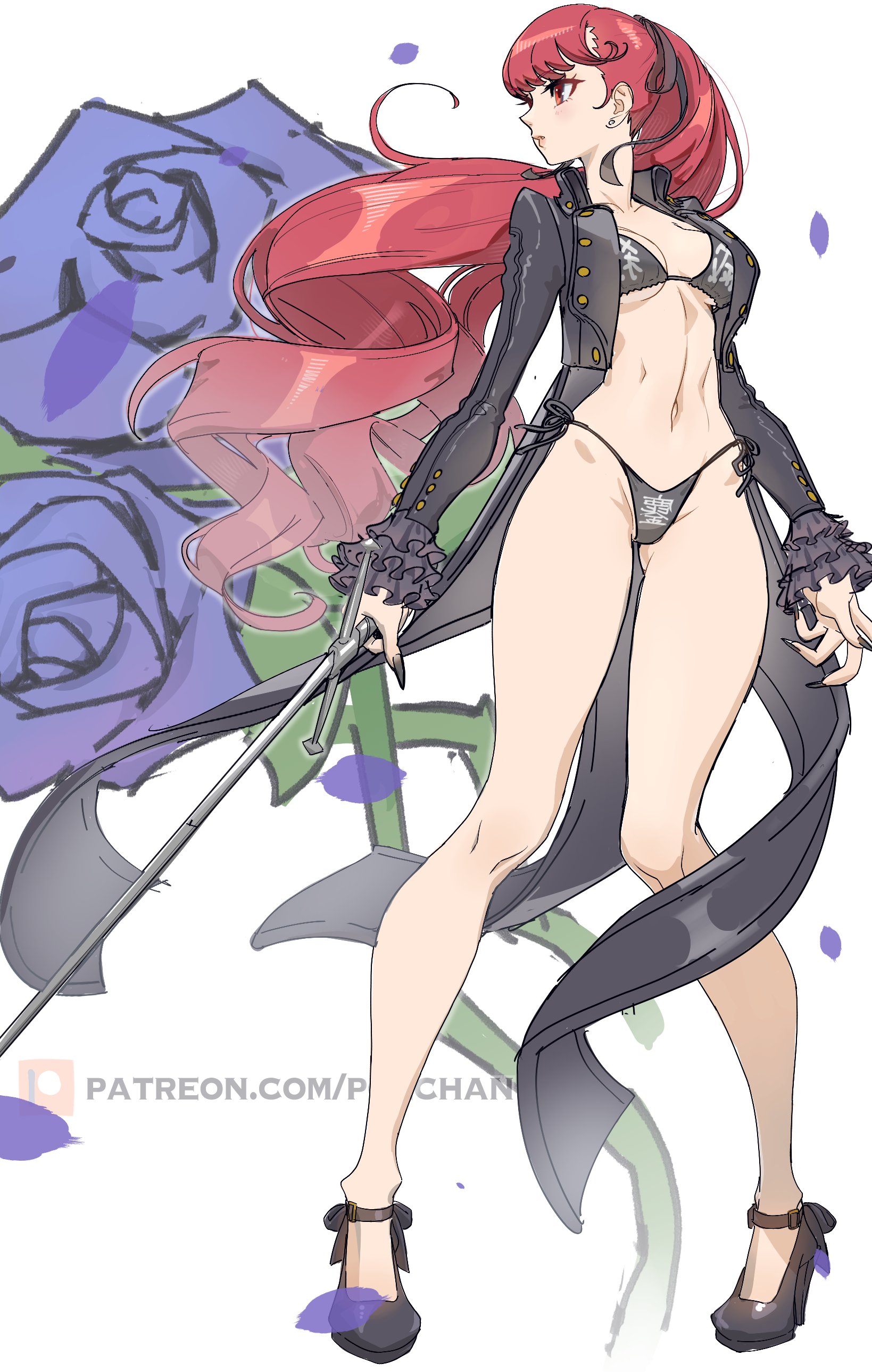 1girls, absurdres, bikini, black bikini, black jacket, black nails, breasts, commentary request, female, female only, fingernails, full body, highres, holding, holding sword, holding weapon, jacket, kasumi yoshizawa, long hair, long sleeves, medium breasts, nail polish, navel, open clothes, open jacket, patreon username, persona, persona 5, persona 5 royal, poechan, print bikini, rapier, red eyes, red hair, sharp fingernails, solo, standing, sumire yoshizawa, swimsuit, sword, wavy hair, weapon