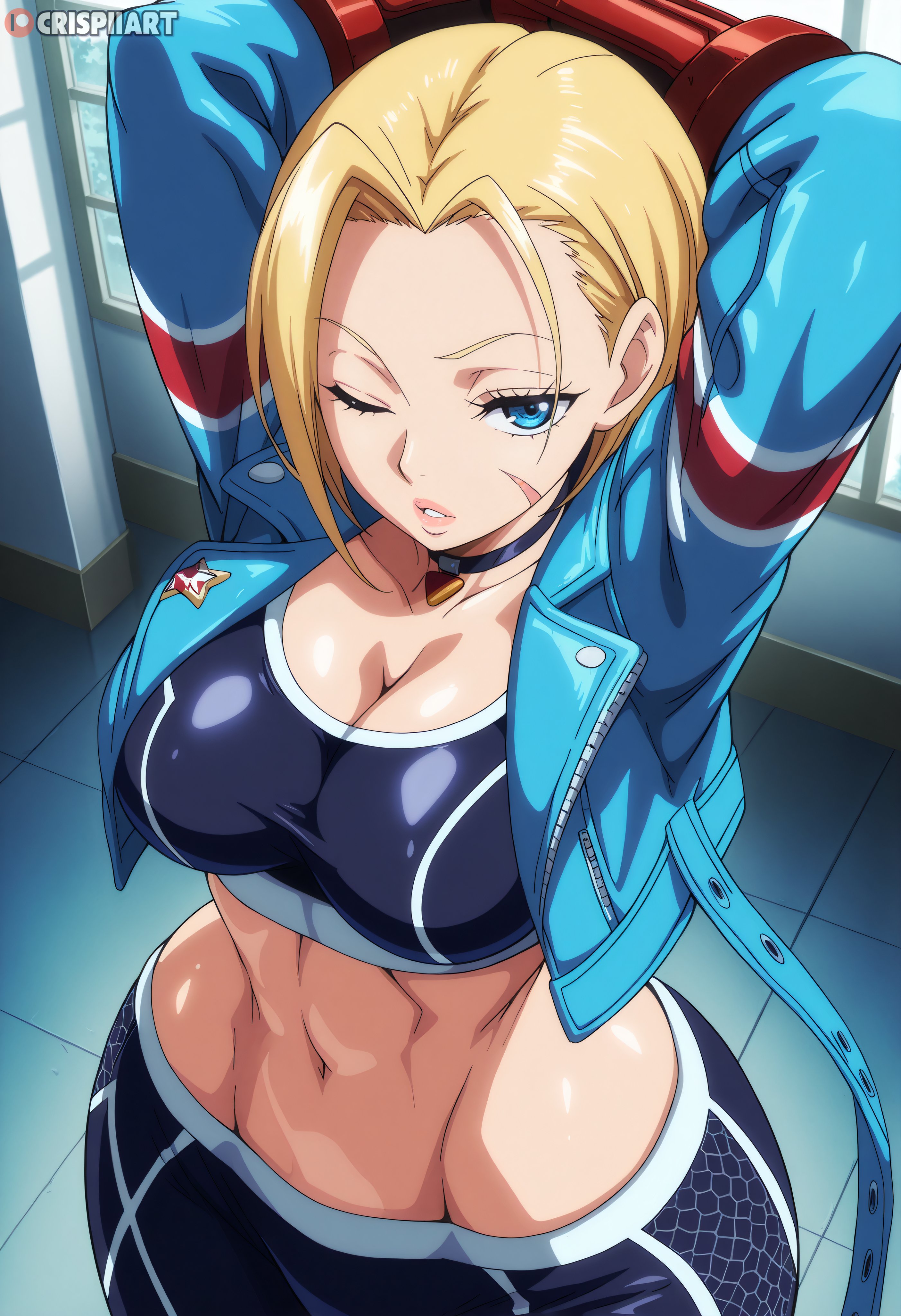 1girls, ai generated, big breasts, blonde hair, blonde-haired female, blue eyes, breasts, cammy white, cleavage, crispiiart, female, female focus, female only, huge breasts, large breasts, light skin, light-skinned female, long hair, muscles, muscular, muscular female, one eye closed, only female, street fighter, street fighter 6, stretching