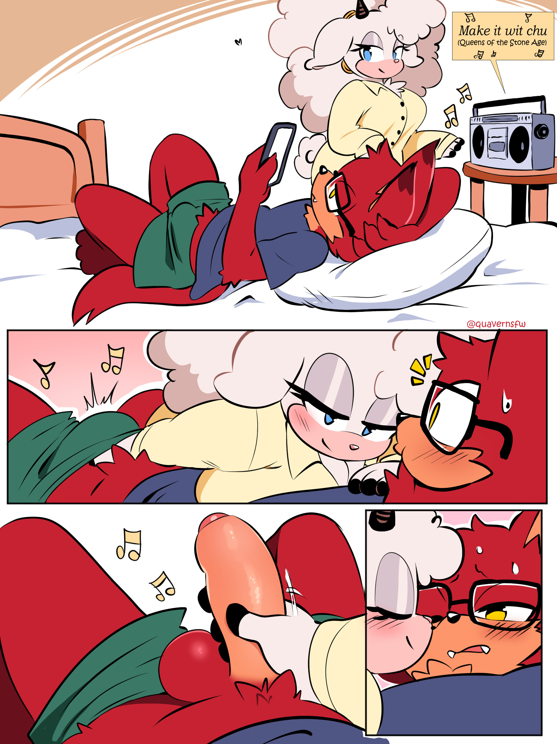 1boy, 1boy1girl, 1girl, 1girls, big breasts, blush, clothed, clothing, gadget the wolf, glasses, handjob, lanolin the sheep, musical note, quavernsfw, sega, sheep girl, sonic (series), sonic the hedgehog (idw), sonic the hedgehog (series), straight