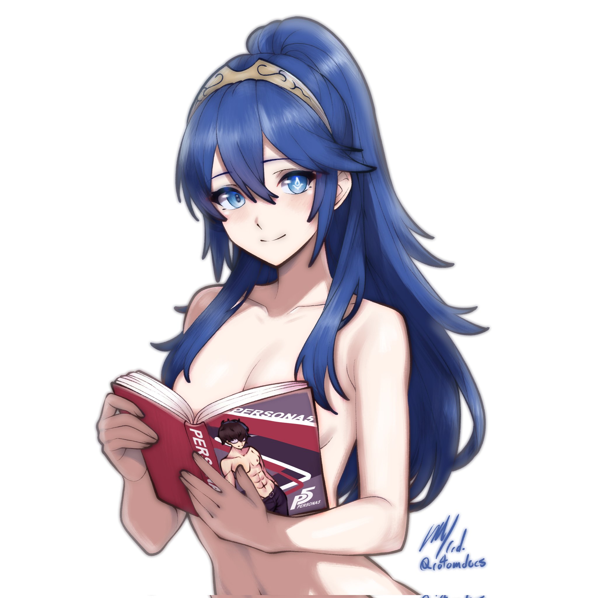 1girls, artist signature, blue eyes, blue hair, blush, blushing female, breasts, covered nipples, female, female only, fire emblem, fire emblem awakening, joker (persona), long hair, lucina (fire emblem), magazine, nude, nude female, persona, persona 5, ponytail, ren amamiya, rotomdocs, small breasts, smiling, solo, solo female, white background