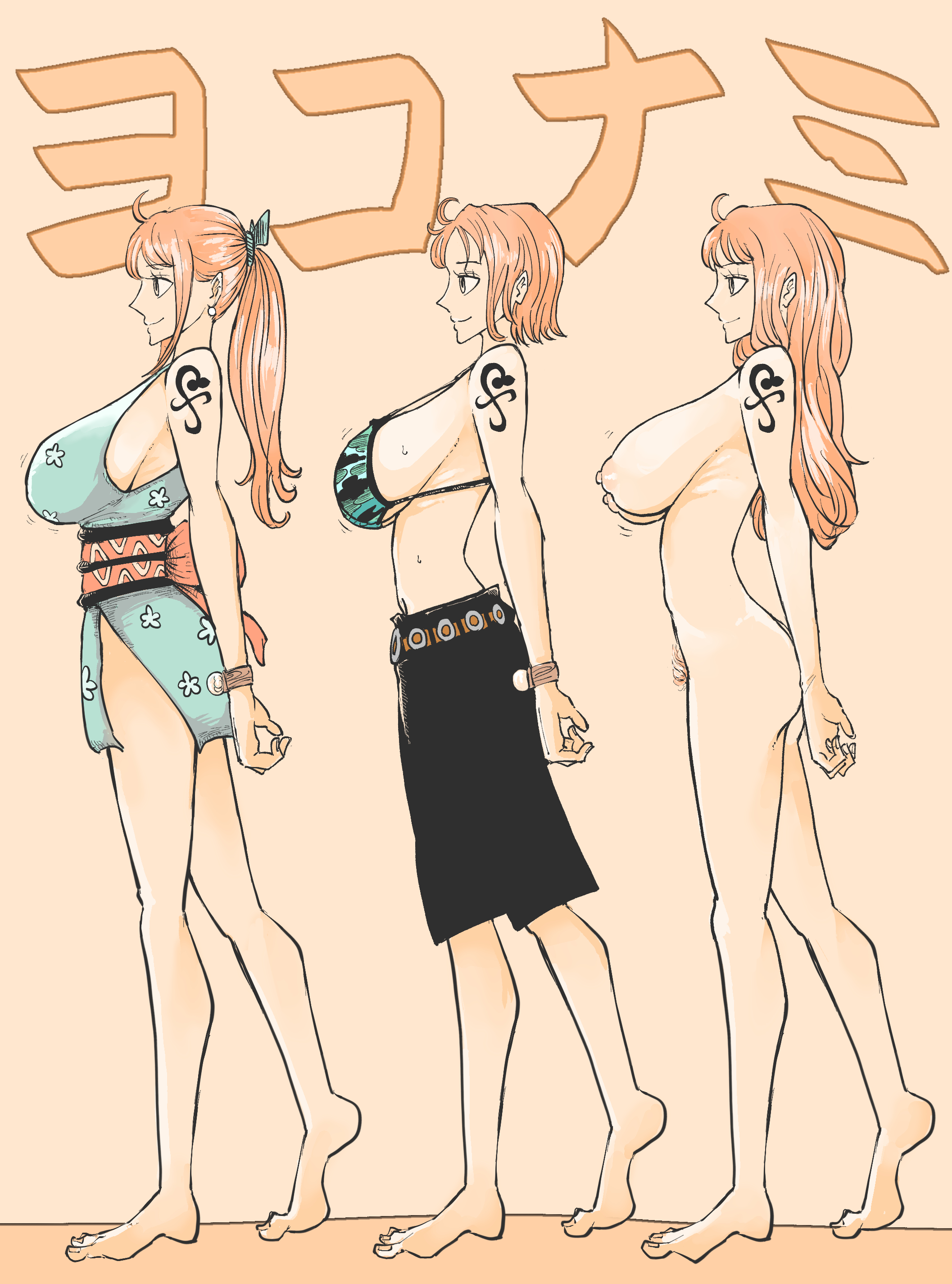 1girls, areolae, arm tattoo, ass, big breasts, black tattoo, blush, breasts, bush, clothing, curvy female, female, female focus, female only, female pubic hair, from side, huge breasts, large breasts, large eyes, light skin, light-skinned female, long hair, middlefing1111, nami (one piece), nipples, nude, one piece, orange hair, orange-haired female, perky breasts, post-timeskip, pre-timeskip, pubic hair, tattoo