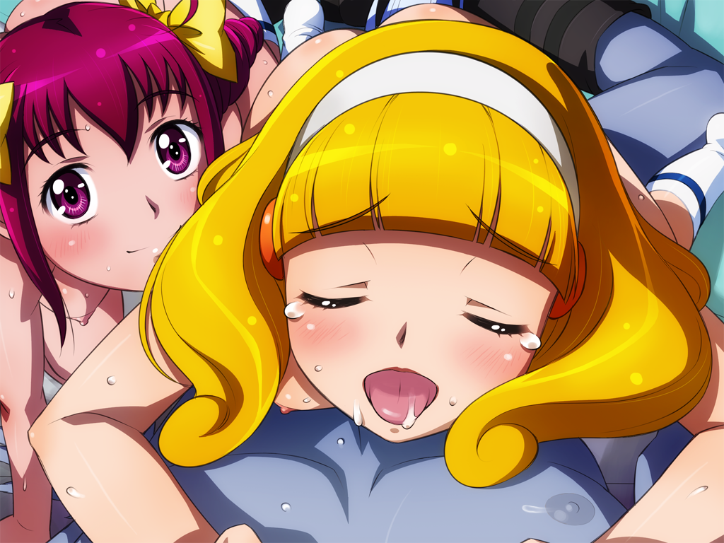 2girls blush bow furry hoshizora_miyuki human interspecies lupine pretty_cure sameha_ikuya small_breasts smile_precure straight threesome wolf wolfrun yayoi_kise