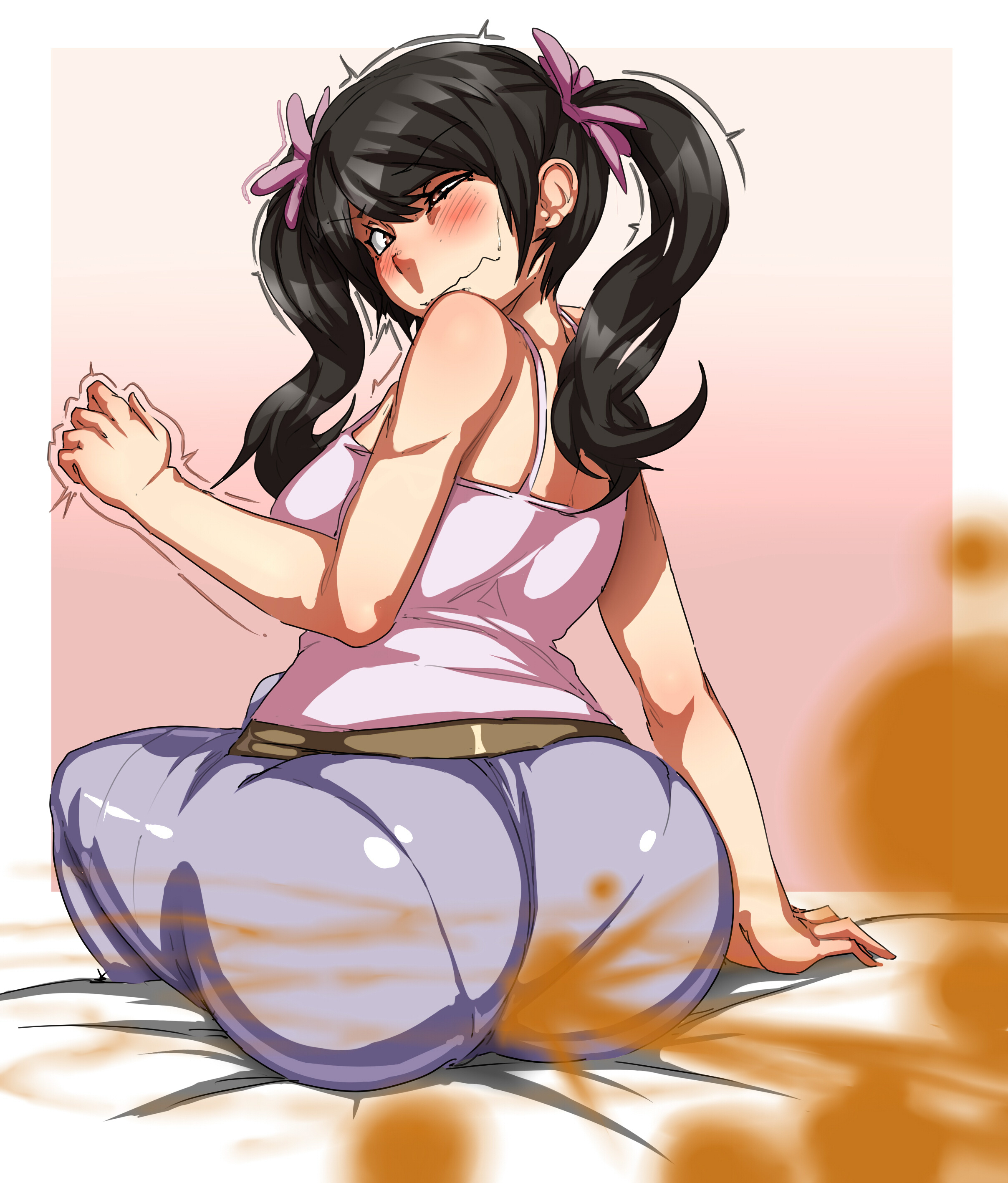 1girls, ass, bandai namco, big ass, big butt, black hair, blush, brown eyes, fart, fart cloud, fart fetish, farting, female, lazei, ling xiaoyu, namco, rear view, sitting, solo female, tekken, twintails, viewed from behind