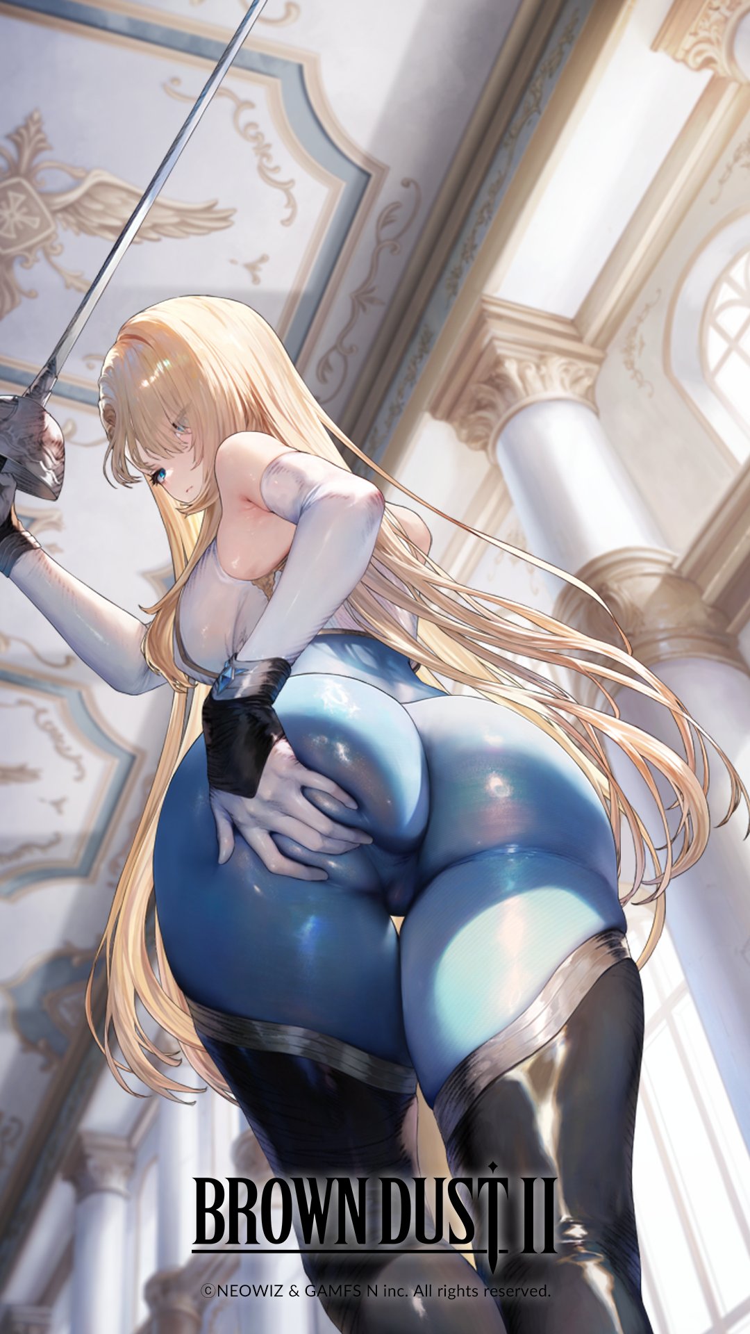 ai assisted, ass, ass grab, bodysuit, breasts, brown dust (series), brown dust 2, bubble ass, bubble butt, female, official art, wilhelmina (brown dust), wilhelmina stretch (meme)