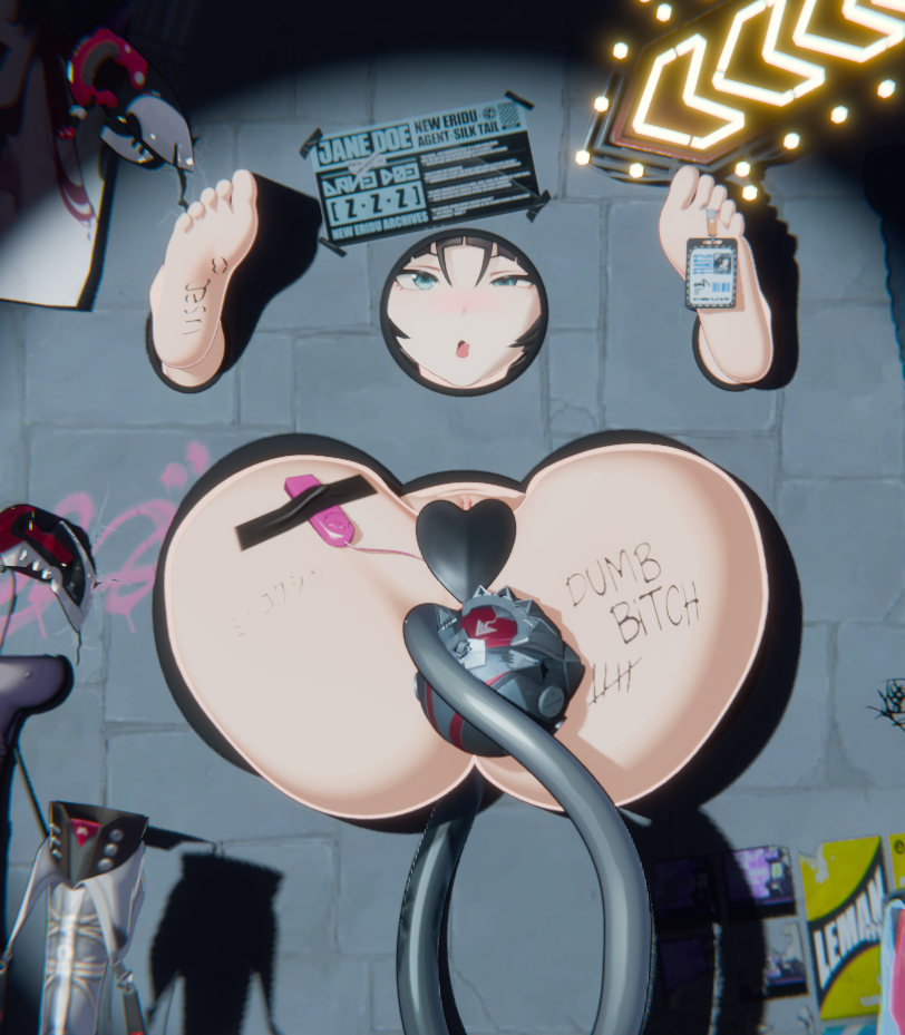 3d ahe_gao anal anal_only anal_only_maebari anime anime_style asian_female body_writing bondage buttplug colorless_3d female femsub glory_hole heart_maebari jane_doe_(zenless_zone_zero) light-skinned_female maebari mind_break sex_toy tail tail_plug tongue_out vibrator zenless_zone_zero