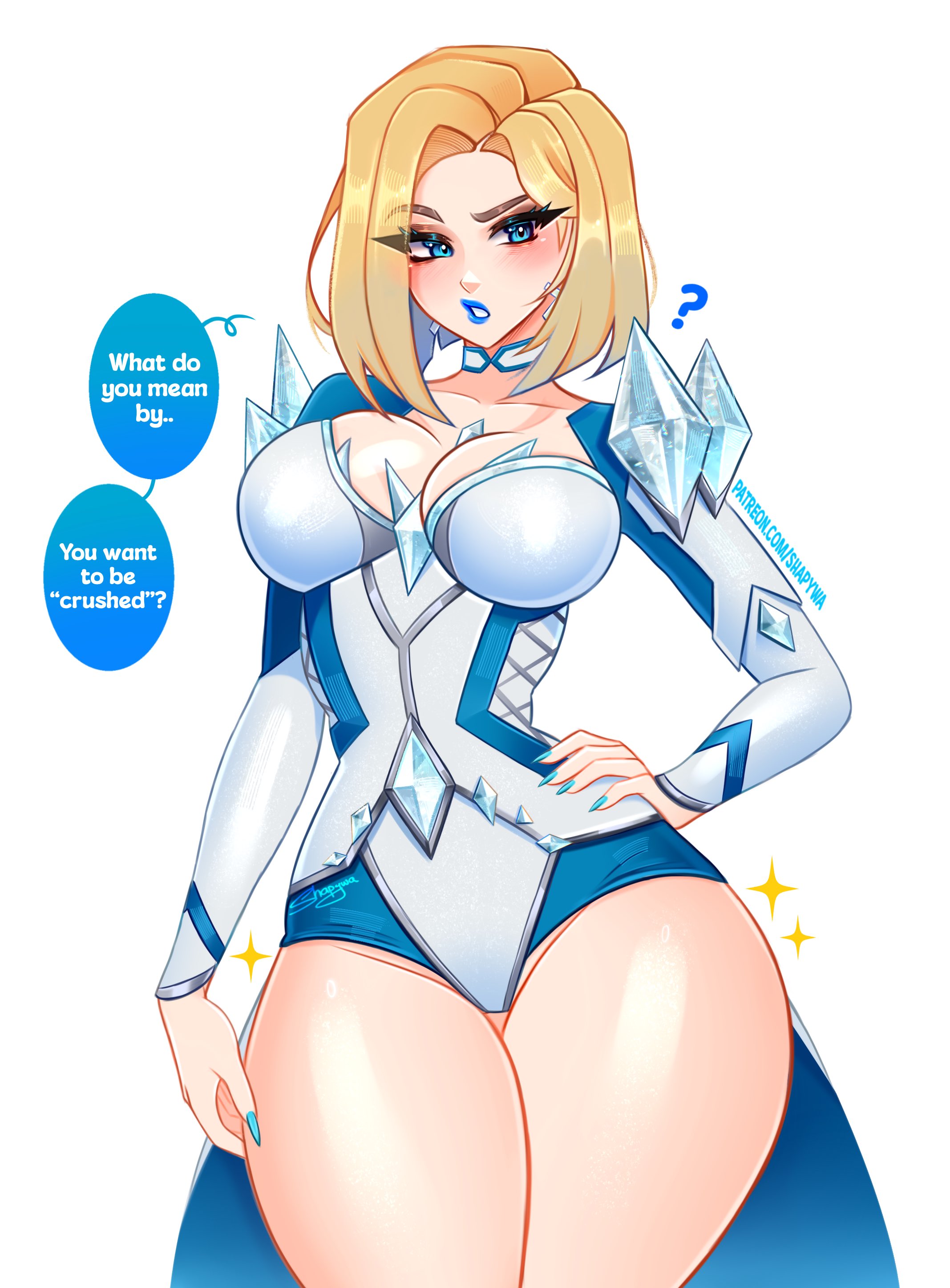 1girls, 2d, absurd res, blonde female, blonde hair, blue lipstick, blue nails, bob cut, breasts, cleavage, clothed, clothed female, emma frost, emma frost (marvel rivals), english text, female, female focus, female only, hi res, large breasts, light skin, light-skinned female, looking at viewer, marvel, marvel comics, marvel rivals, shapywa, solo, text, thick thighs, thighs, wide hips