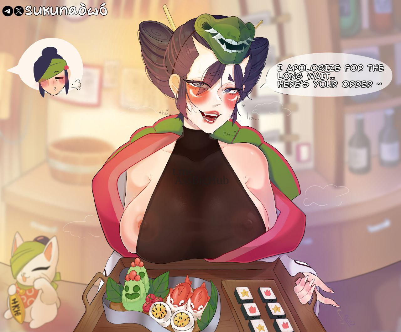1girls, big breasts, big nipples, brawl stars, breasts, breasts out, cat toy, dialogue, embarrassed, fangs, female, food, front view, hair stick, huge breasts, japanese clothes, kaze (brawl stars), kenji (brawl stars), light skin, lips, makeup, male, nails, nipples, pantyhose, short hair, smile, standing, sukunaowo, supercell, talking, transparent clothing, twintails