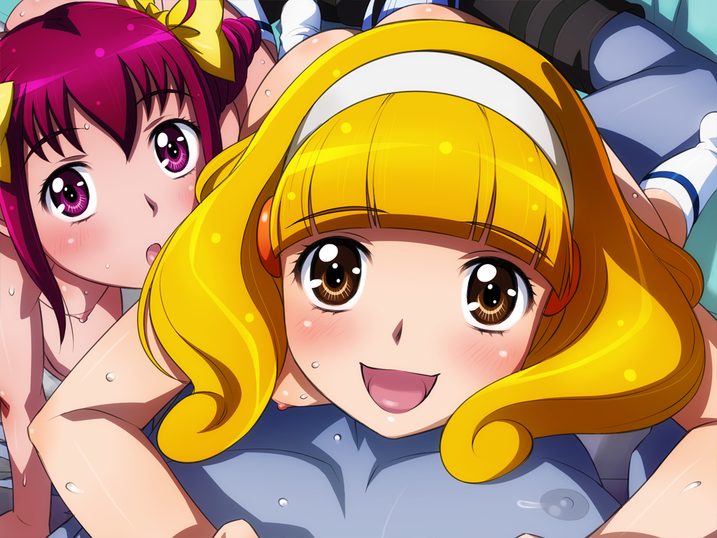 2girls blush bow furry hoshizora_miyuki human interspecies lupine pretty_cure sameha_ikuya small_breasts smile_precure straight threesome wolf wolfrun yayoi_kise