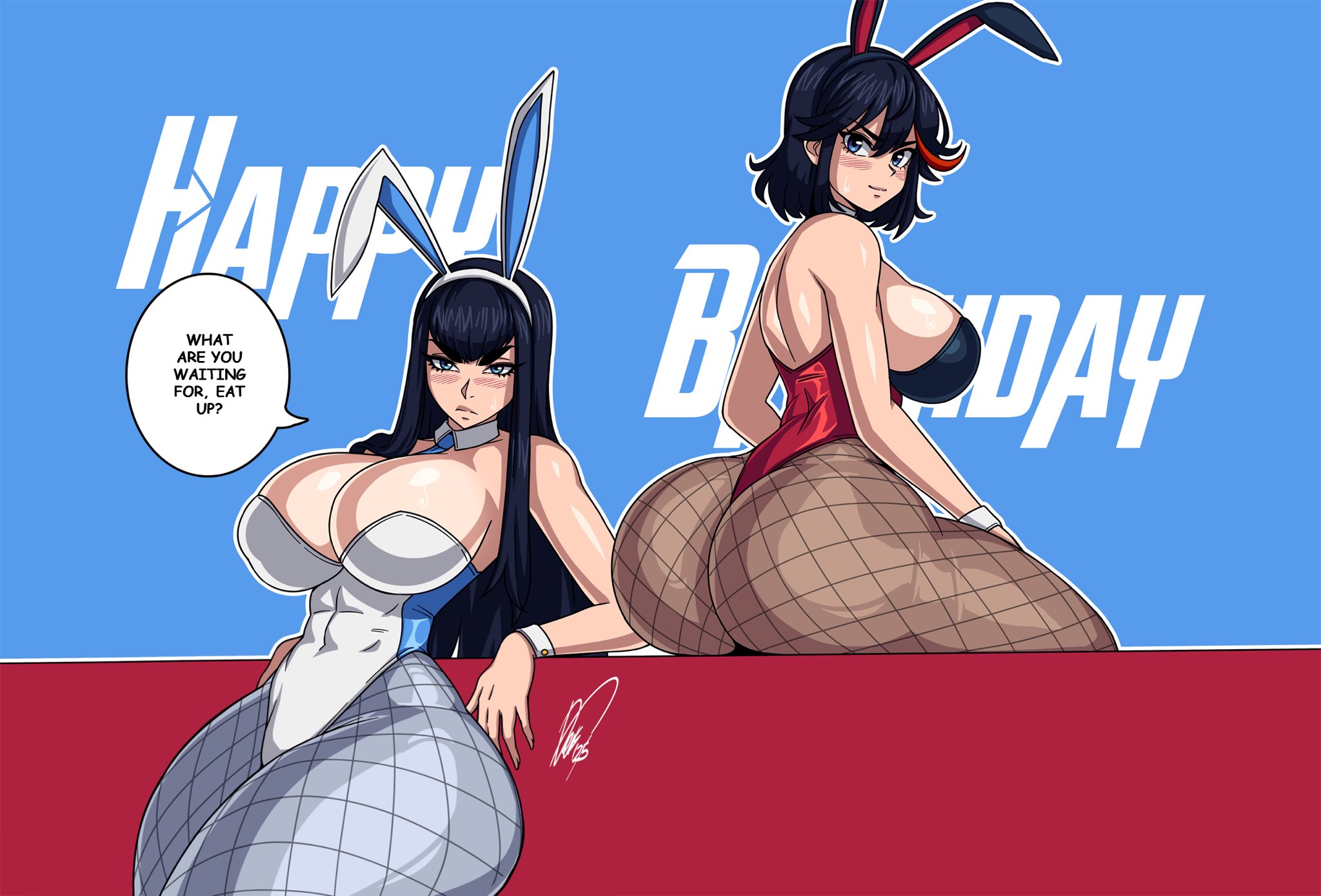 2025, 2girls, anime, ass, ass focus, beach, big ass, big butt, bikini, birthday, blue eyes, blue-eyed female, breasts, bunny, bunny suit, female, female focus, female only, fishnet, fishnet legwear, fishnets, kill la kill, kiryuuin satsuki, large ass, large butt, light skin, light-skinned female, long hair, long-haired female, looking at viewer, manga, matoi ryuuko, outdoors, partially visible vulva, pussy, short hair, short-haired female, sisters, stretchnsin