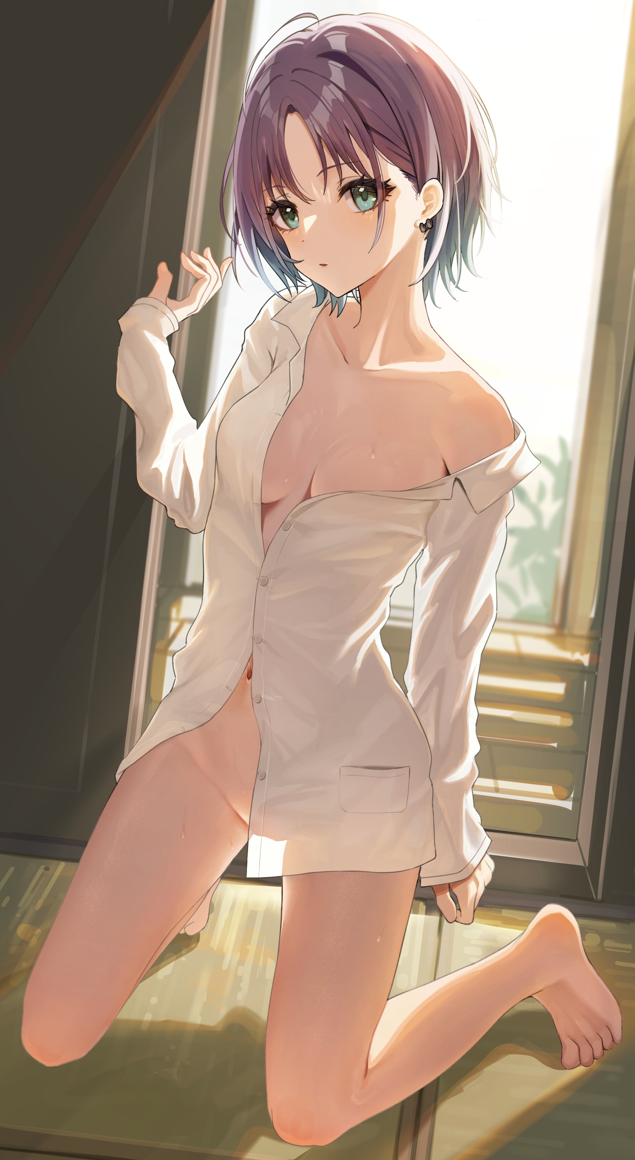 ahoge, amrita (amber78gou), arm support, asakura toru, bare legs, bare thighs, barefoot, blue eyes, blush, breasts, cleavage, collarbone, dress shirt, earrings, feet, female, gradient hair, idolmaster, idolmaster shiny colors, indoors, long sleeves, medium breasts, multicolored hair, naked shirt, no bra, no panties, on knees, parted lips, purple hair, shirt, shirt only, short hair, single bare shoulder, sweatdrop, thighs, toes, unbuttoned shirt, white shirt