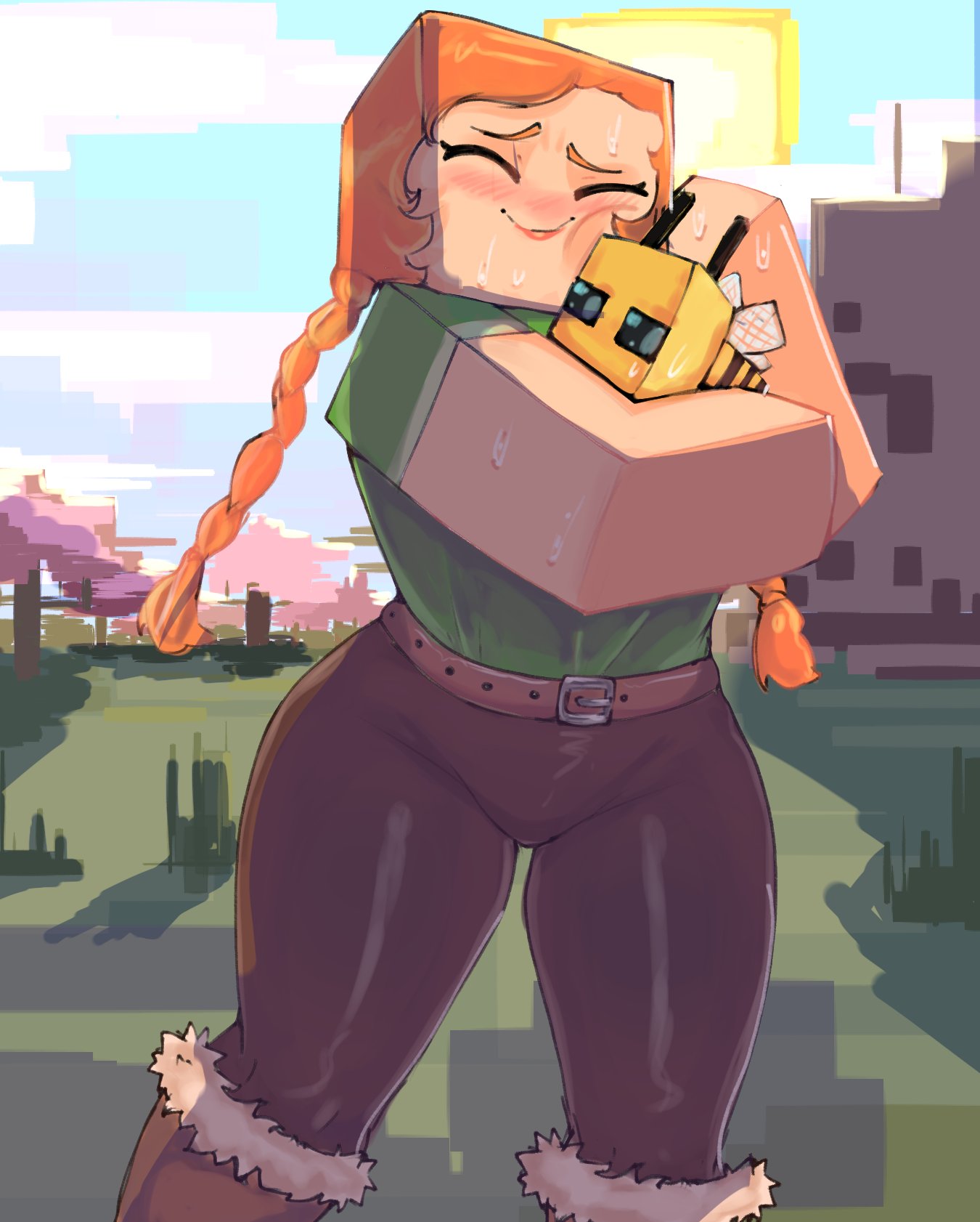 alex_(minecraft) bee bee_(minecraft) belt big_thighs curves ginger ginger_female ginger_hair hug huge_thighs kashink7 large_thighs legs microsoft minecraft mojang not_porn orange_hair solo solo_focus square square_head tagme thick_arms thick_legs thick_thighs thigh_gap thighs wholesome