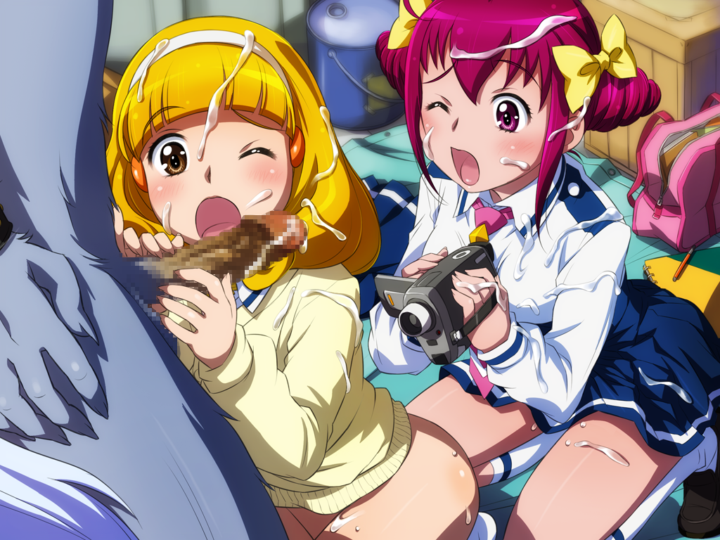 1boy 2girls blush bow censored clothing cum fur furry handjob hoshizora_miyuki human interspecies lupine penis pretty_cure sameha_ikuya skirt small_breasts smile_precure straight threesome wolf wolfrun yayoi_kise