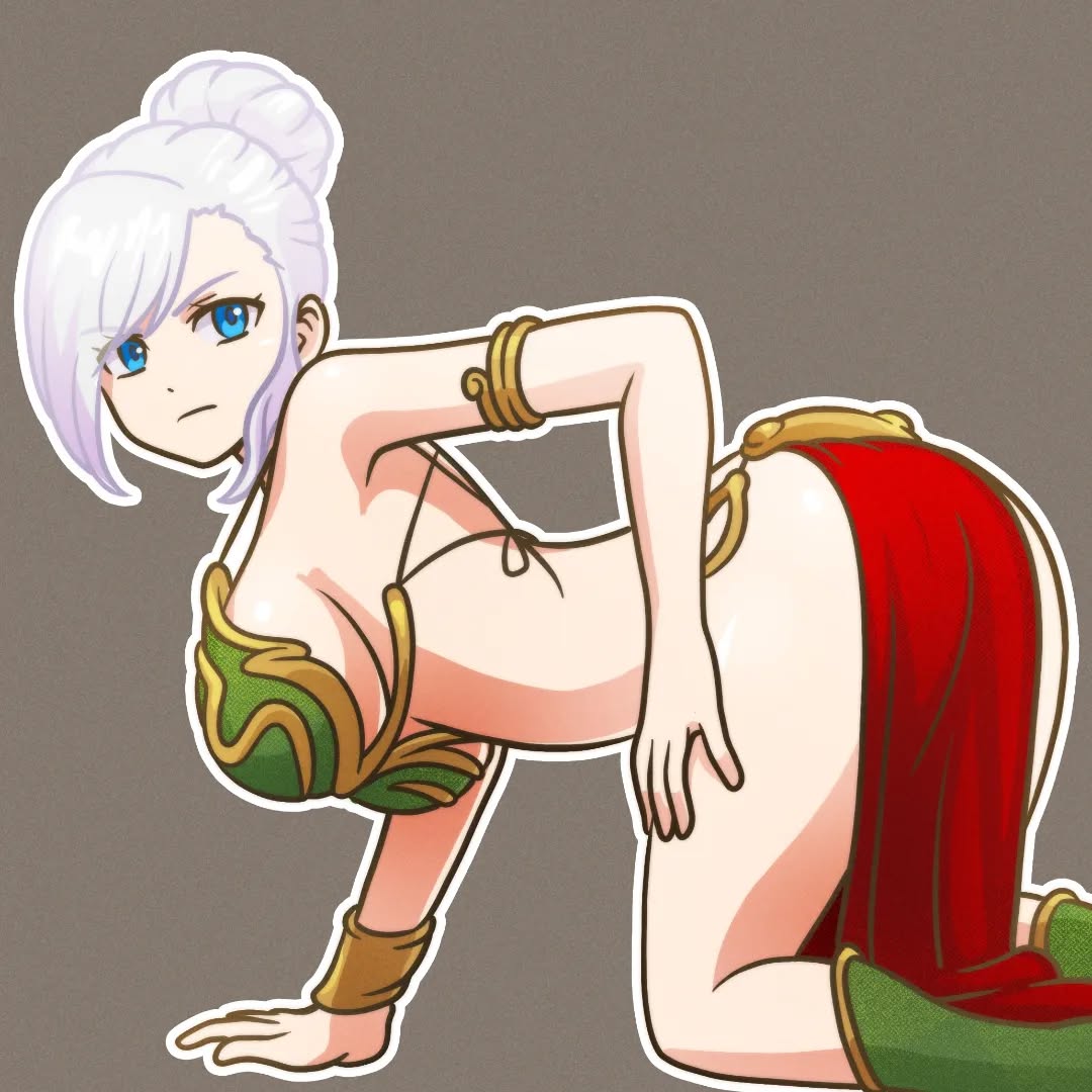 1:1, 1girls, ass, big ass, big breasts, blue eyes, breasts, cosplay, female, female only, hair bun, kneeling, large ass, large breasts, on knees, rooster teeth, rwby, slave leia (cosplay), star wars, starlordrockz, white hair, winter schnee