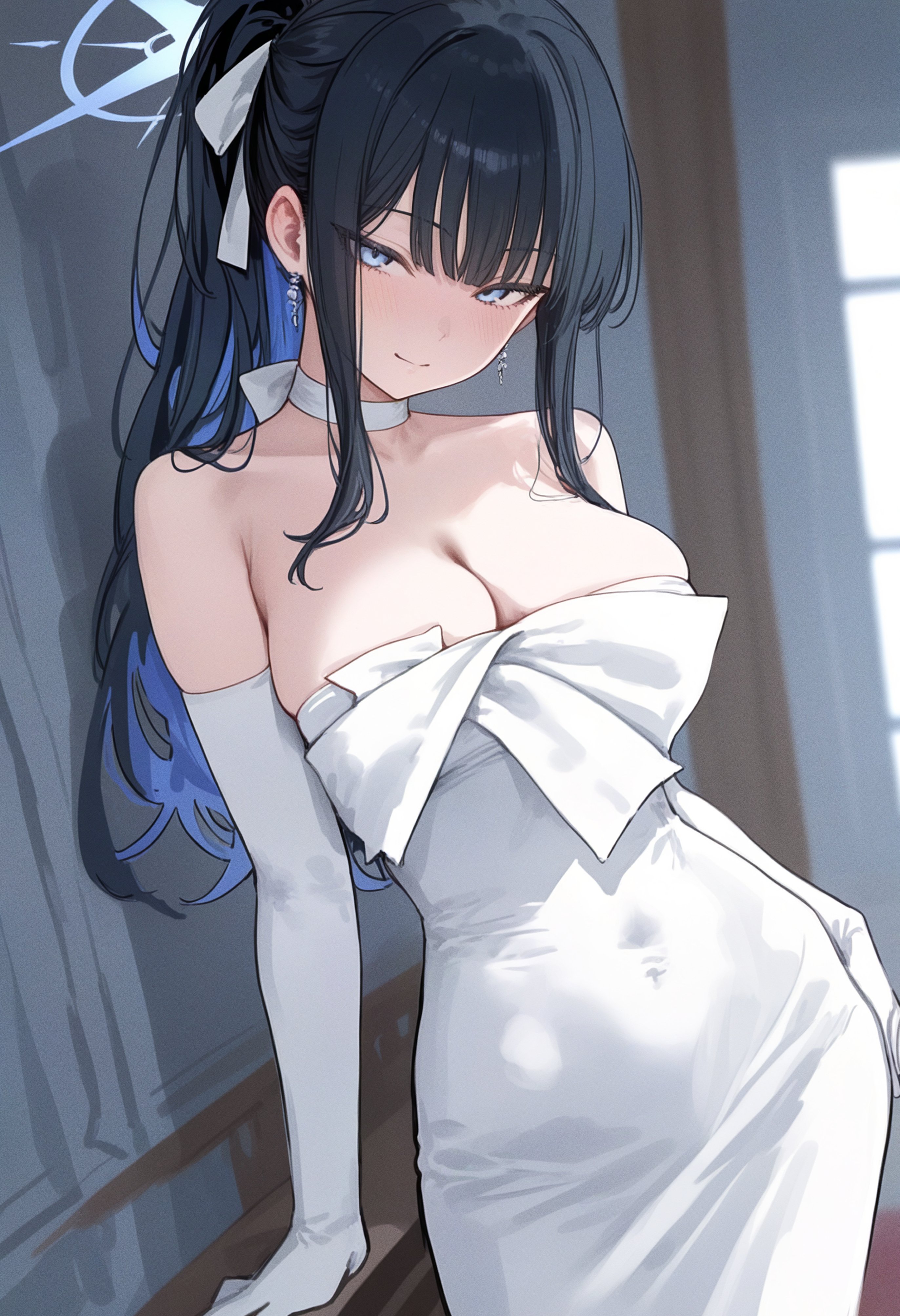 1girls, alternate hairstyle, arm support, artist request, big breasts, blue archive, blue eyes, blue hair, breasts, busty, cleavage, covered navel, dress, female, gloves, half-closed eyes, hi res, large breasts, light skin, light-skinned female, looking at viewer, ponytail, saori (blue archive), saori (dress) (blue archive), seductive, seductive look, seductive smile, sexy, sexy pose, slim waist, smile, solo, voluptuous, wedding dress