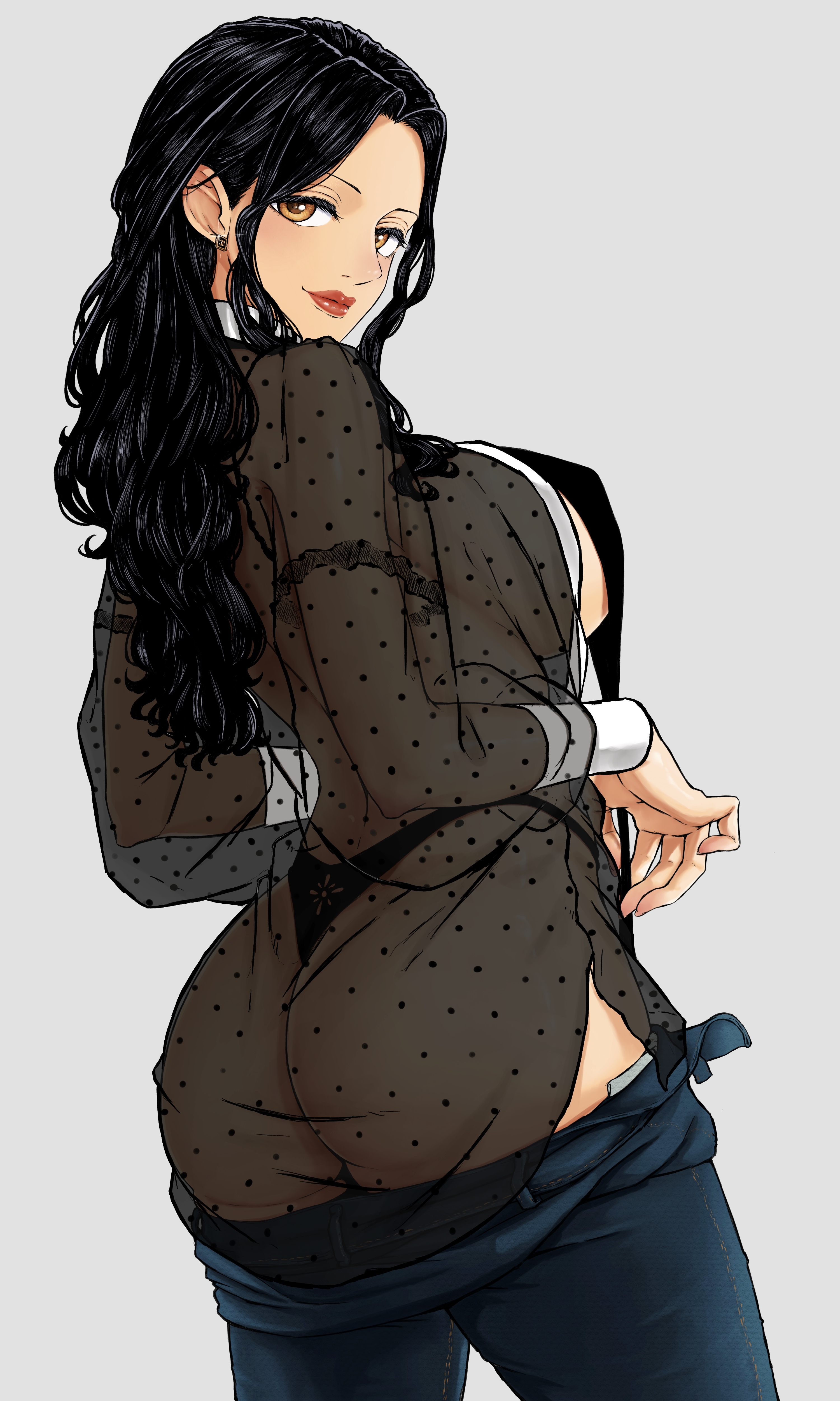 1girls, amber eyes, anime style, big breasts, black hair, black shirt, black-haired female, breasts, clothing, female, female only, highres, jeans, jeans down, lip gloss, lipgloss, long hair, looking at viewer, looking back, one piece, panties visible through clothing, pants down, see-through, see-through clothing, shellmaru, teasing, teasing viewer, thong, viola (one piece), yellow eyes
