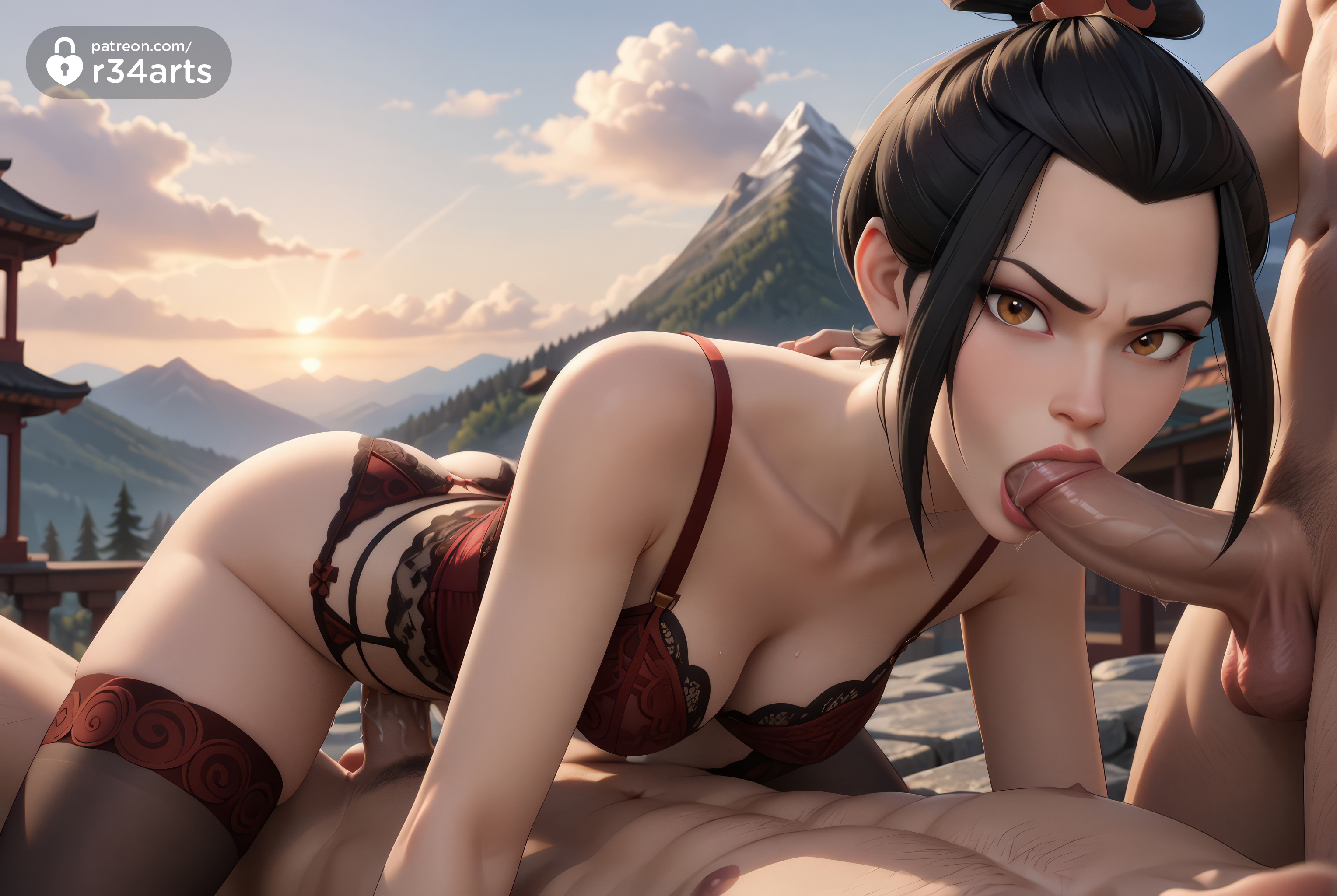 1girls, 2boys, abs, ai generated, all fours, architecture, artist name, avatar legends, avatar the last airbender, azula, balls, black hair, blowjob, bra, breasts, brown eyes, cleavage, clothed female nude male, cloud, collarbone, cowdog position, east asian architecture, erection, fellatio, female, female on top, female penetrated, garter belt, group sex, hi res, lingerie, lips, looking at viewer, male, male penetrating, male penetrating female, male pubic hair, medium breasts, mmf threesome, mountain, multiple boys, multiple males, nickelodeon, nicktoons, nude, oral, outdoors, outside, outside sex, panties, penis, penis in mouth, princess, pubic hair, pussy, r34arts, red bra, red lingerie, red panties, sex, sky, spitroast, straight, sun, testicles, thighhighs, threesome, uncensored, underwear, vaginal penetration, villainess