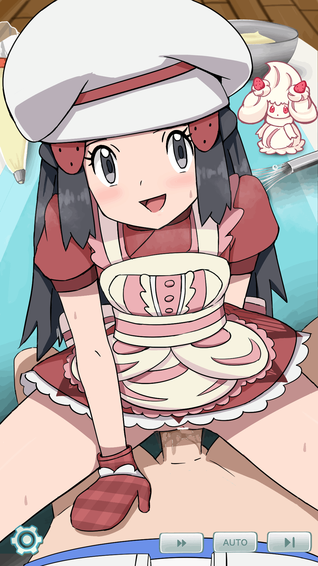 1boy, 1girls, 9:16, alcremie, animated, black hair, cowgirl position, dawn (pokemon), female, franberyll, light skin, light-skinned female, light-skinned male, male, palentine's day dawn, pokemon, pokemon dppt, pokemon masters, pokemon masters ex, sentones, sex, smile, straight, vertical video