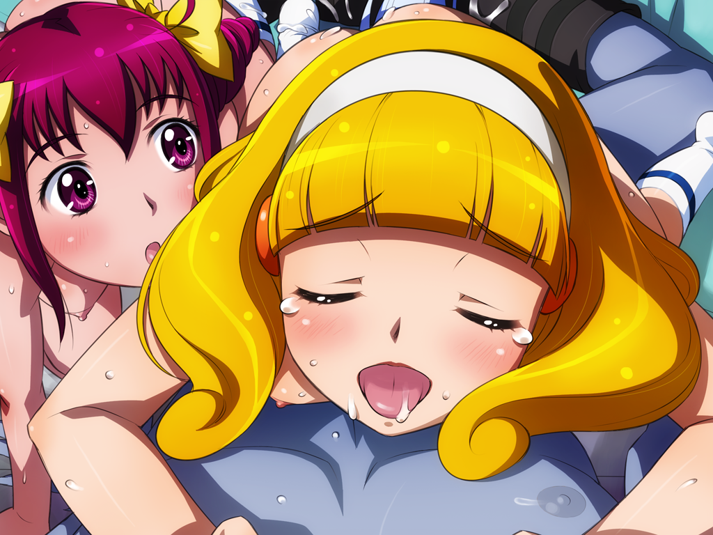 2girls blush bow furry hoshizora_miyuki human interspecies lupine pretty_cure sameha_ikuya small_breasts smile_precure straight threesome wolf wolfrun yayoi_kise