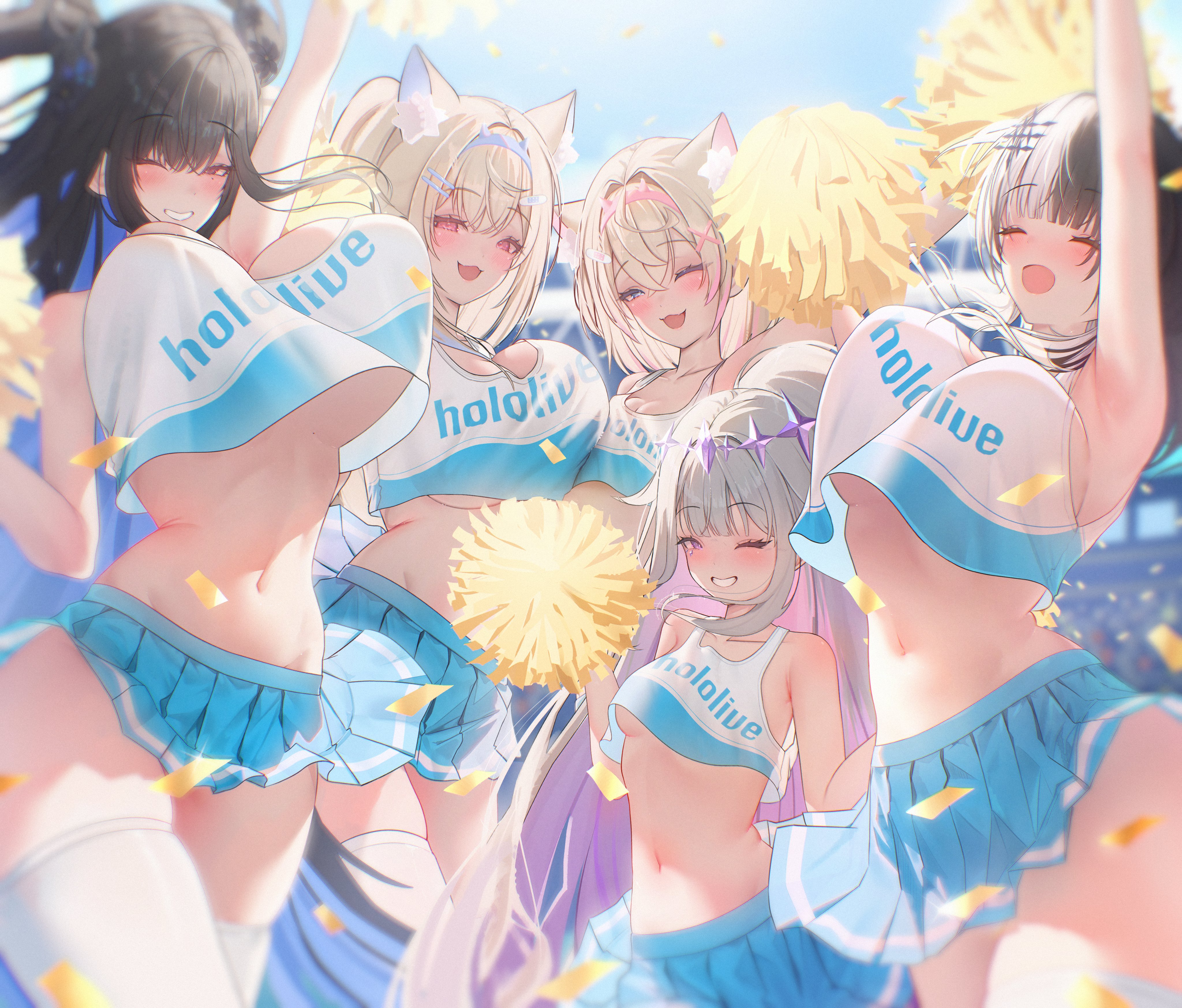 5girls, absurdres, alternate costume, animal ear fluff, animal ears, arm up, armpits, asymmetrical docking, asymmetrical horns, bandaid, bandaid hair ornament, bare shoulders, big breasts, black hair, blonde hair, blue eyes, blue hair, blue hairband, blue skirt, blue sky, blush, bouncing breasts, breast press, breasts, cheering, cheerleader, cheerleader outfit, cheerleader squad, cheerleader uniform, circlet, cleavage, closed eyes, colored inner hair, commentary, confetti, convenient censoring, crop top, crossed bangs, demon horns, dog ears, dog girl, dog tail, double-parted bangs, dress, english commentary, fake horns, female, female only, fuwamoco, fuwawa abyssgard, gradient hair, grey hair, grin, hair between eyes, hair flaps, hair intakes, hair ornament, hairband, hairclip, headpiece, highres, holding, holding pom poms, holoadvent, hololive, hololive english, hololive english -advent-, horns, huge breasts, jewel under eye, jumping, koseki bijou, large breasts, long hair, looking at viewer, microskirt, mococo abyssgard, mole, mole on breast, mole under eye, multicolored hair, multiple females, multiple girls, navel, nerissa ravencroft, no bra, no panties, one eye closed, open mouth, pink eyes, pink hair, pink hairband, pleated skirt, pom pom (cheerleading), ponytail, prab, purple eyes, purple hair, red eyes, shiori novella, short hair, siblings, sideboob, sisters, skindentation, skirt, sky, small breasts, smile, split-color hair, stomach, streaked hair, symmetrical docking, tail, teeth, thighhighs, thighs, twins, two side up, two-tone hair, underboob, very long hair, virtual youtuber, white background, white thighhighs, wide ponytail, x hair ornament