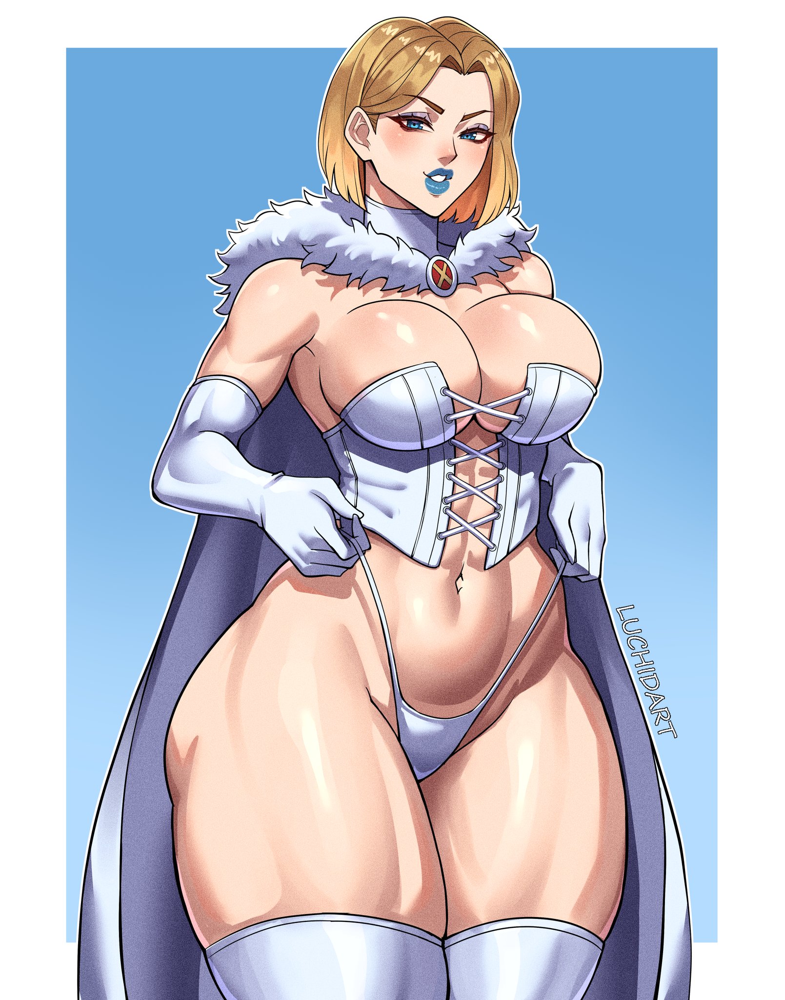 1girls, 2d, armwear, artist name, bare legs, big breasts, blonde eyebrows, blonde female, blonde hair, blue eyes, blue lipstick, bob cut, breasts, cape, clothed, clothed female, corset, elbow gloves, emma frost, emma frost (marvel rivals), eyebrows, eyelashes, female, female only, fur collar, fur-trimmed cape, gloves, hair behind ear, legs, legs together, legwear, light skin, light-skinned female, lipstick, luchidart, makeup, marvel, marvel comics, marvel rivals, medium hair, no bra, panties, pulling clothing, pulling own clothes, pulling underwear, revealing clothes, simple background, slightly open mouth, solo, standing, tagme, teeth, thick thighs, thighhighs, thighs, thong, topwear, white armwear, white legwear, white thighhighs, white topwear, white underwear, x-men