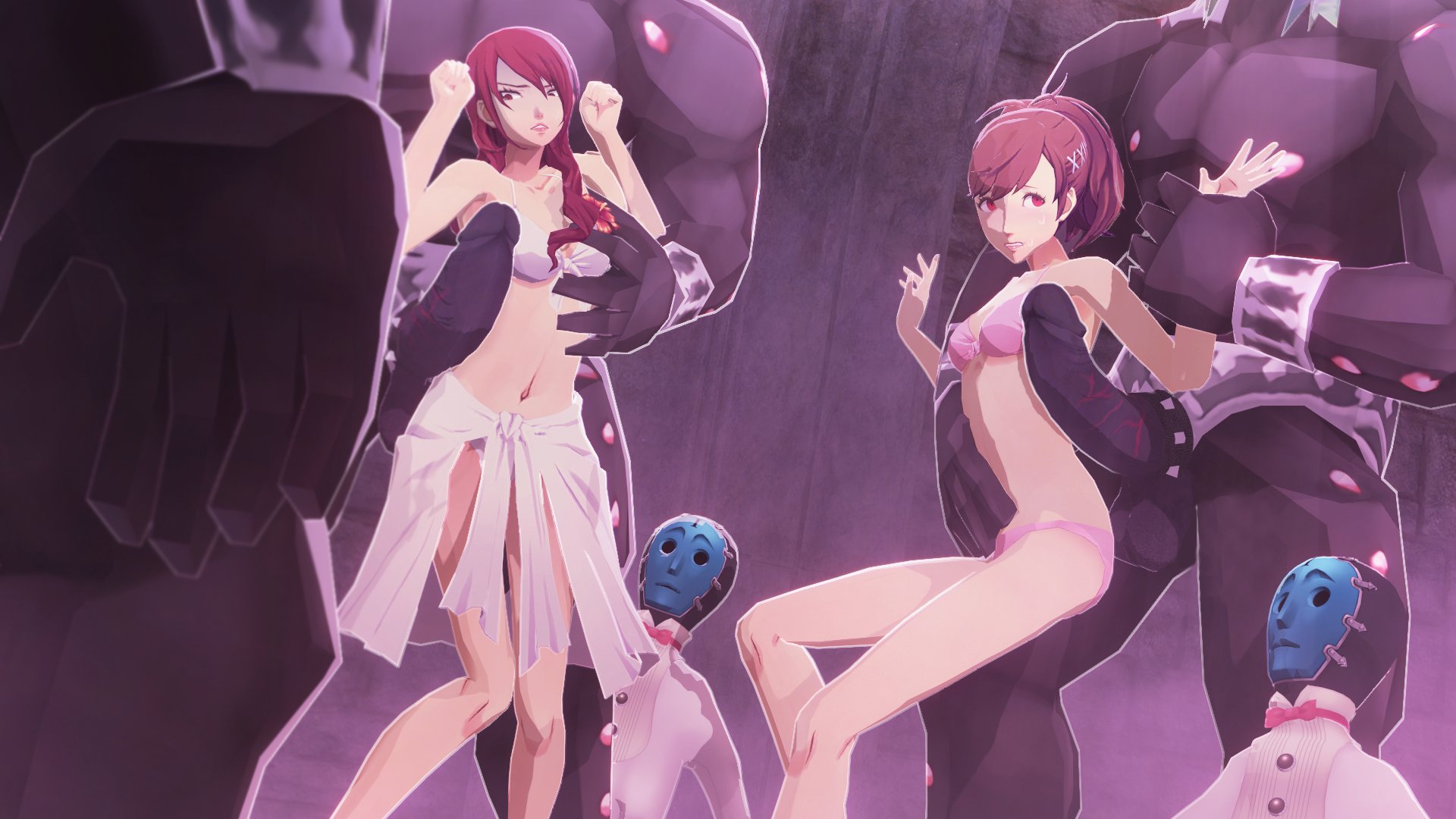 2girls, 3d, 3d (artwork), arm grab, atlus, big penis, bikini, bikini bottom, bikini top, bondage, breasts, brown hair, dark skin, defeated heroine, female, grabbing breasts, group, huge cock, human, imminent rape, imminent sex, kotone shiomi, male, mitsuru kirijo, monster, monster cock, pale skin, penis, persona, persona 3, persona 3 portable, rape, red eyes, red hair, scared, scared expression, source filmmaker, source filmmaker (artwork), surrounded, sweat, swimsuit, uriziel38, video game character, video game franchise, video games