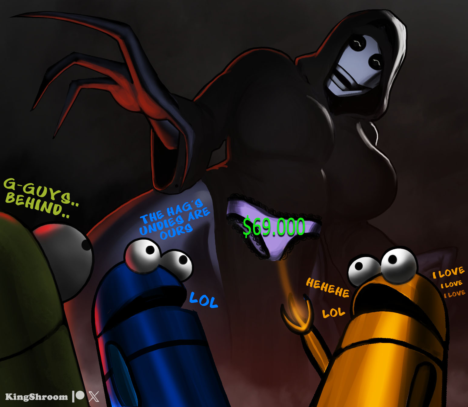 dialogue, english text, female, genderswap, genderswap (mtf), holding panties, horror, kingshroom, mature female, milf, mommy, nightmare waifu, no panties, panties, r.e.p.o., robe (r.e.p.o.), rule 63, scary face, semibot, semiwork, tall female, tall woman, ugly face nice body