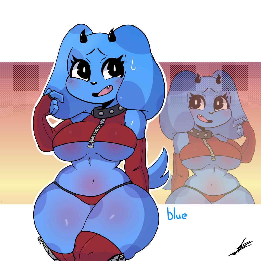 2d, anthro, anthro dog, anthro female, anthro only, anthrofied, big breasts, big thighs, blue (blue's clues), blue body, blue fur, blue text, blue's clues, blush, blushing, blushing female, breasts, canine, clothing, color, colored, costume, devil costume, devil girl, dog, dog ears, dog girl, dog tail, domestic dog, female, female dog, female focus, female only, furry, furry female, furry only, halloween, halloween costume, leinadproas, nick jr, nickelodeon, text, twitter link