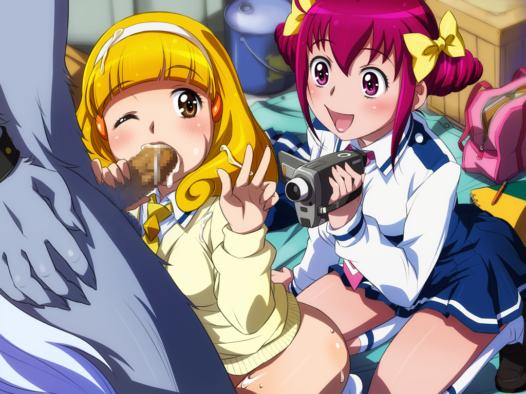 1boy 2girls blush bow censored clothing cum fellatio fur furry hoshizora_miyuki human interspecies lupine oral oral_sex penis pretty_cure sameha_ikuya skirt small_breasts smile_precure straight threesome wolf wolfrun yayoi_kise