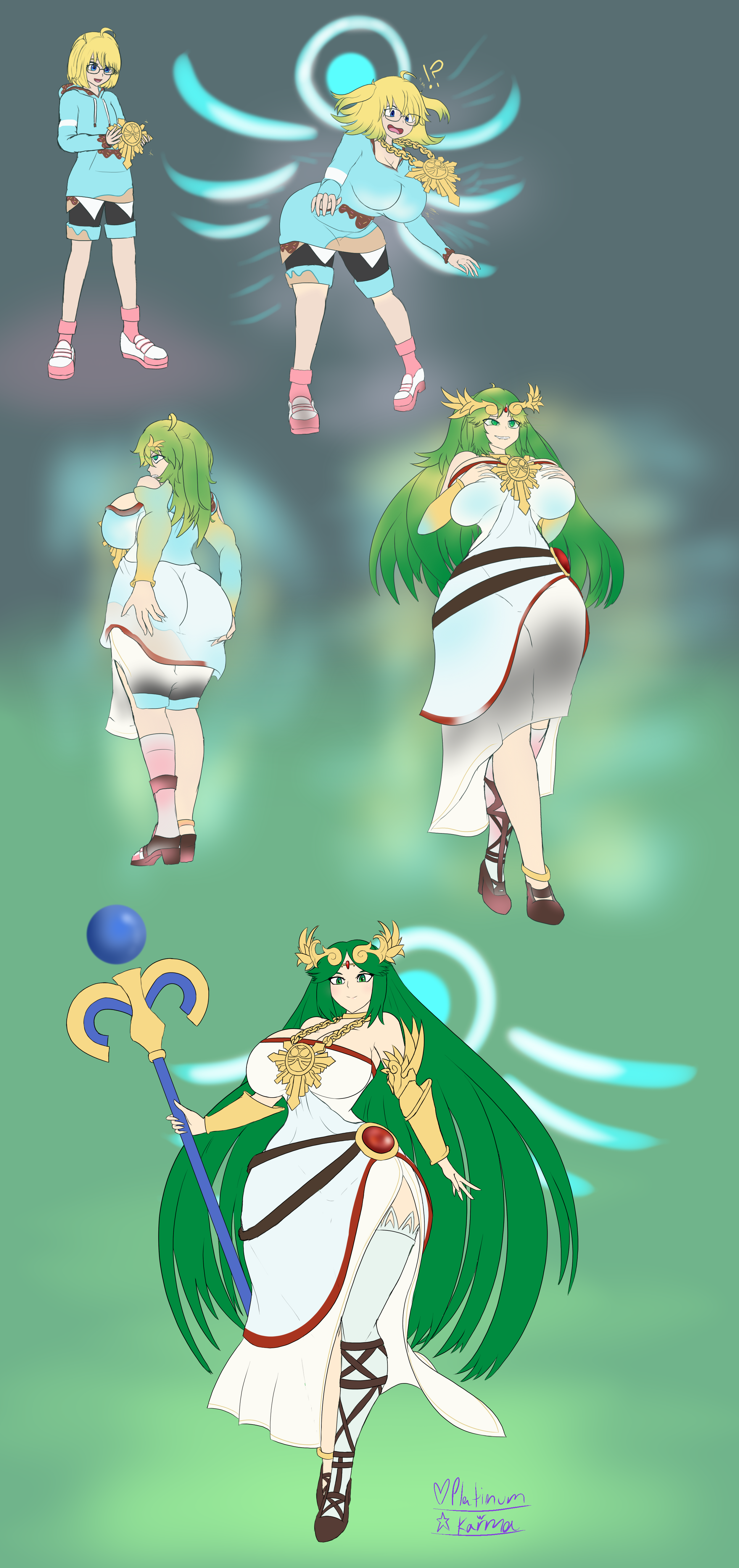 ass, bimbo, bimbo body, bimbofication, bimbofied, breasts, cleavage, female, huge ass, huge breasts, kid icarus, nintendo, palutena, platinumkarma, thick thighs, transformation, transformation sequence, wide hips